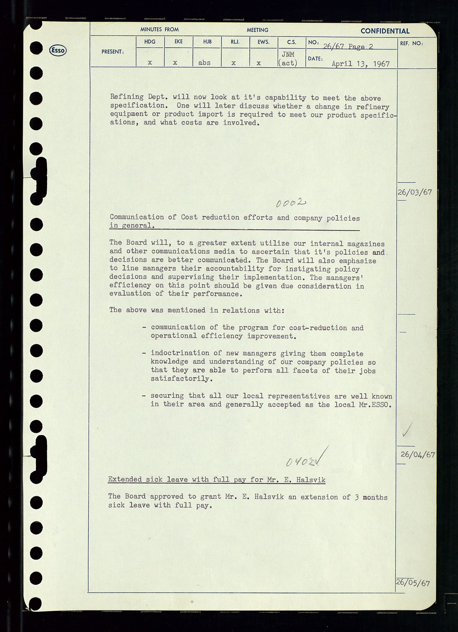 Pa 0982 - Esso Norge A/S, AV/SAST-A-100448/A/Aa/L0002/0003: Den administrerende direksjon Board minutes (styrereferater) / Den administrerende direksjon Board minutes (styrereferater), 1967, p. 55