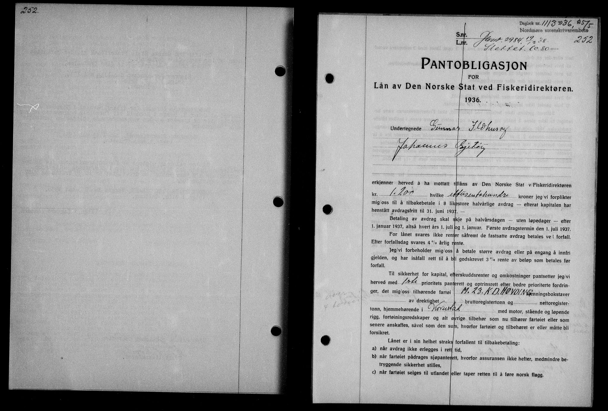 Nordmøre sorenskriveri, AV/SAT-A-4132/1/2/2Ca/L0088: Mortgage book no. 78, 1936-1936, Diary no: : 1113/1936