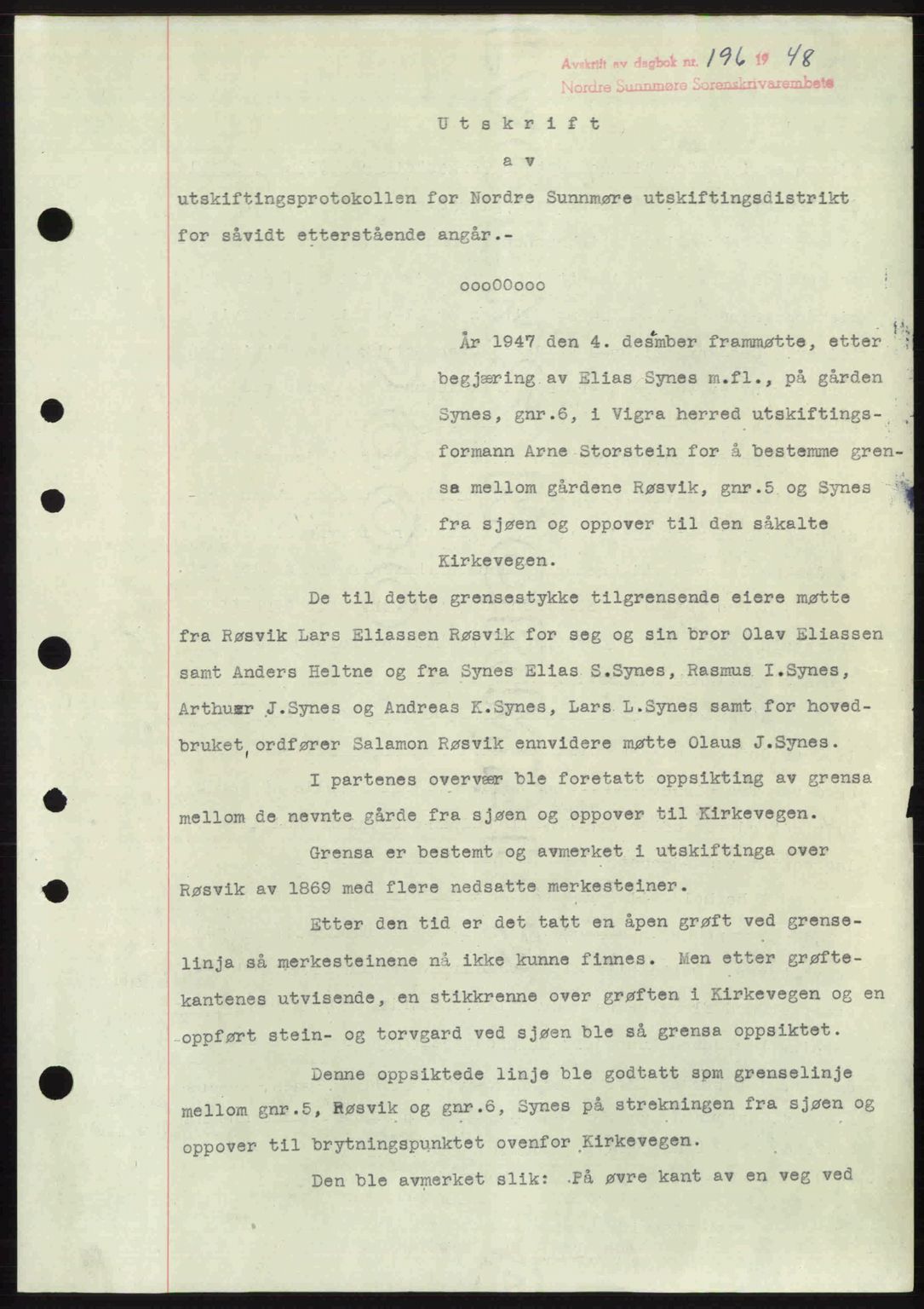 Nordre Sunnmøre sorenskriveri, AV/SAT-A-0006/1/2/2C/2Ca: Mortgage book no. A26, 1947-1948, Diary no: : 196/1948