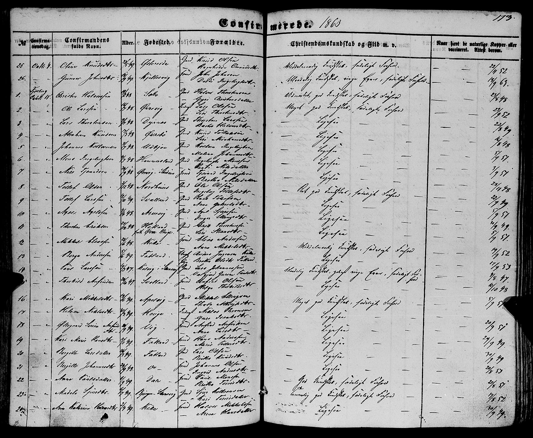 Fjelberg sokneprestembete, SAB/A-75201/H/Haa: Parish register (official) no. A 7, 1851-1867, p. 173