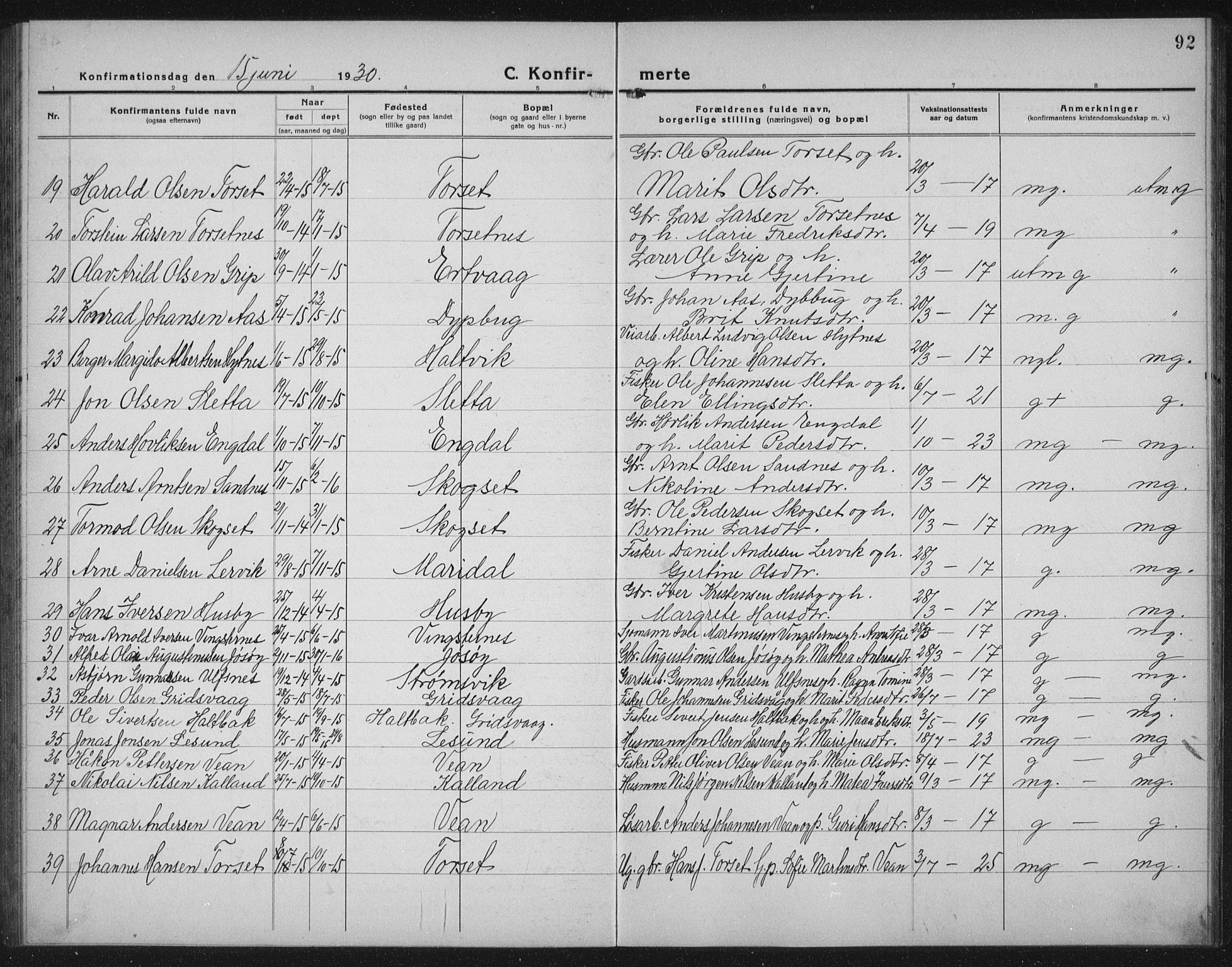 Ministerialprotokoller, klokkerbøker og fødselsregistre - Møre og Romsdal, AV/SAT-A-1454/578/L0911: Parish register (copy) no. 578C04, 1921-1940, p. 92