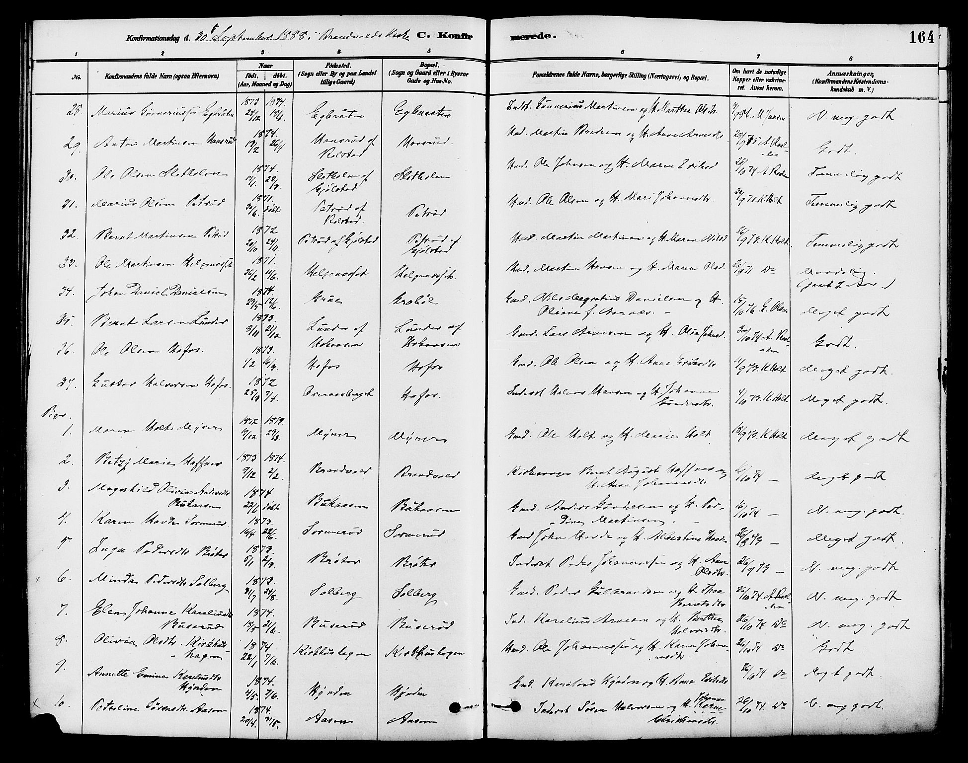 Brandval prestekontor, AV/SAH-PREST-034/H/Ha/Haa/L0002: Parish register (official) no. 2, 1880-1894, p. 164