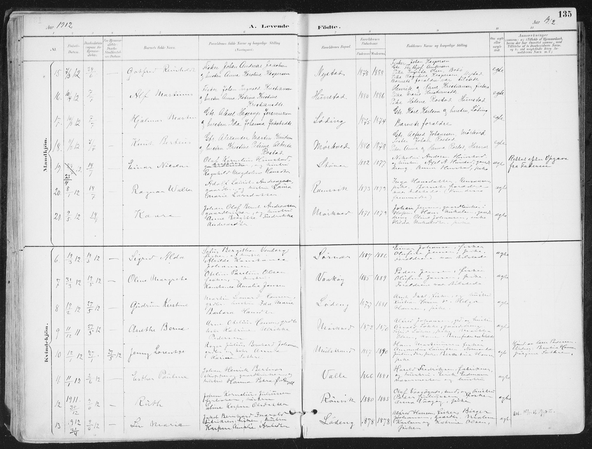 Ministerialprotokoller, klokkerbøker og fødselsregistre - Nordland, AV/SAT-A-1459/802/L0055: Parish register (official) no. 802A02, 1894-1915, p. 135