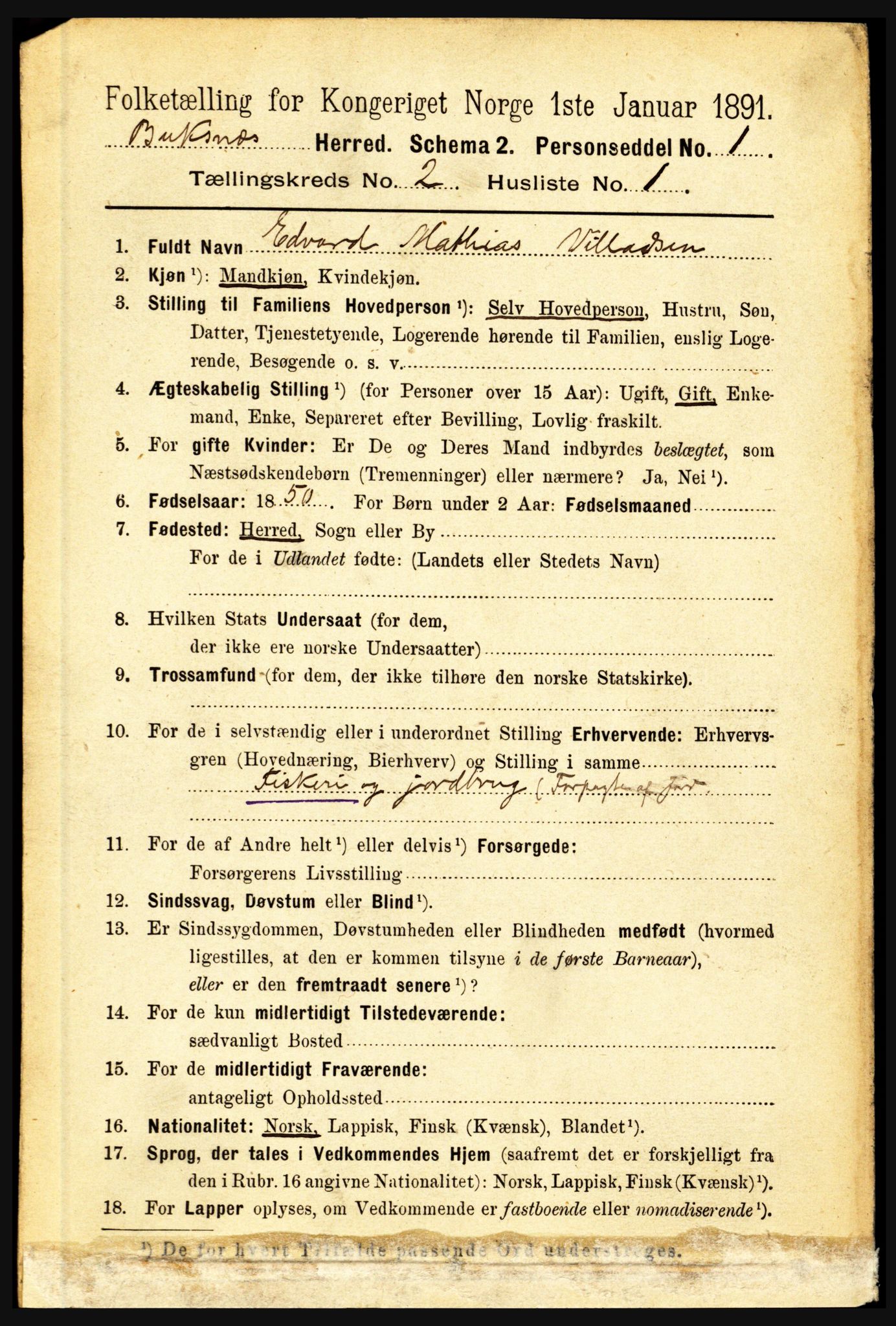 RA, 1891 census for 1860 Buksnes, 1891, p. 1594