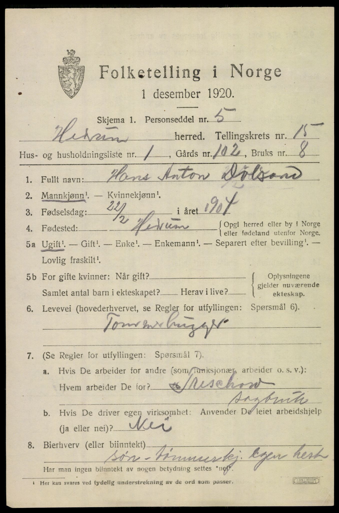 SAKO, 1920 census for Hedrum, 1920, p. 9891