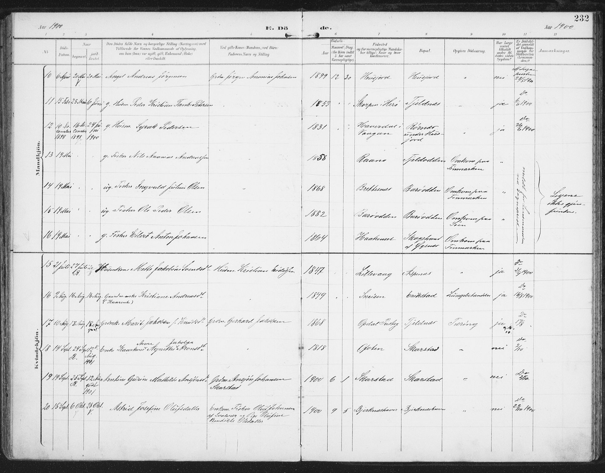 Ministerialprotokoller, klokkerbøker og fødselsregistre - Nordland, AV/SAT-A-1459/872/L1036: Parish register (official) no. 872A11, 1897-1913, p. 232