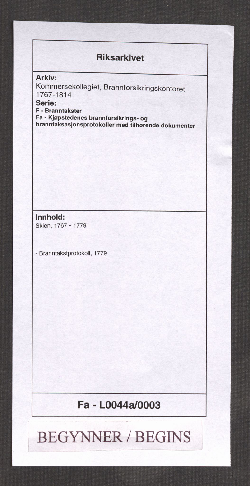 Kommersekollegiet, Brannforsikringskontoret 1767-1814, RA/EA-5458/F/Fa/L0044a/0003: Skien / Branntakstprotokoll, 1779