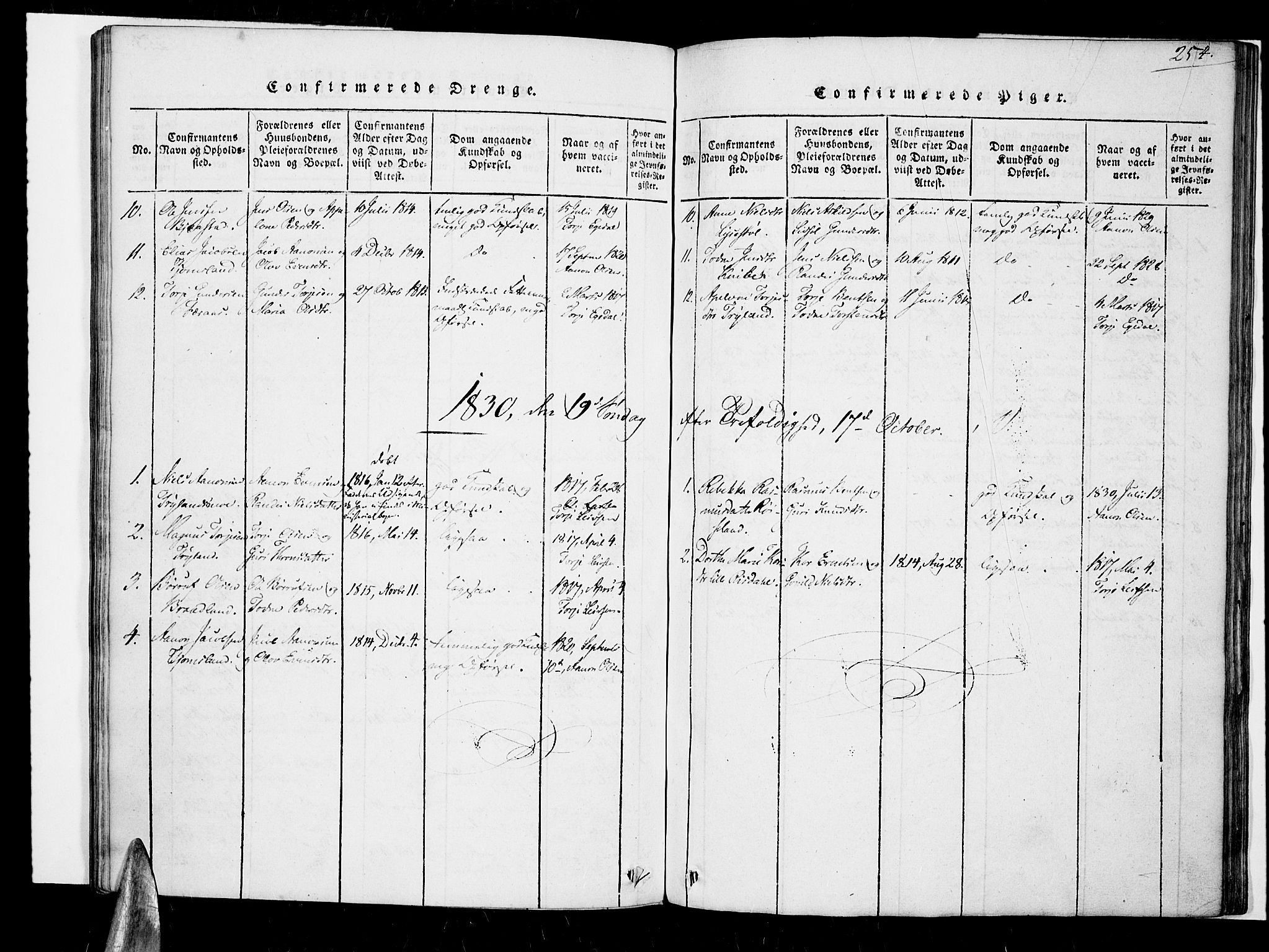 Nord-Audnedal sokneprestkontor, SAK/1111-0032/F/Fa/Fab/L0001: Parish register (official) no. A 1, 1816-1858, p. 254