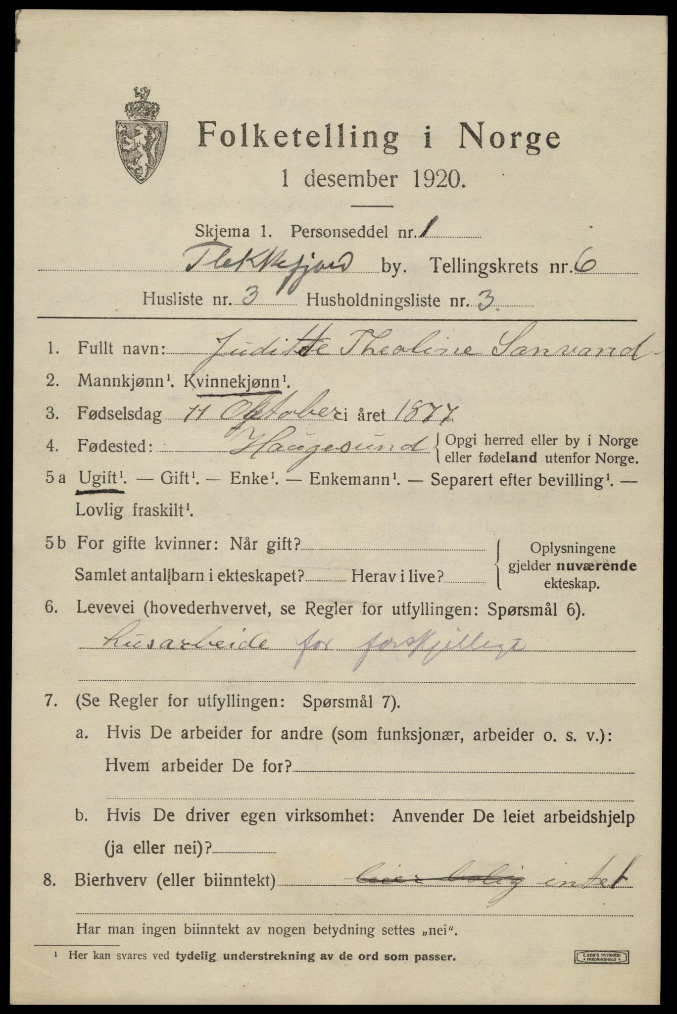 SAK, 1920 census for Flekkefjord, 1920, p. 5780