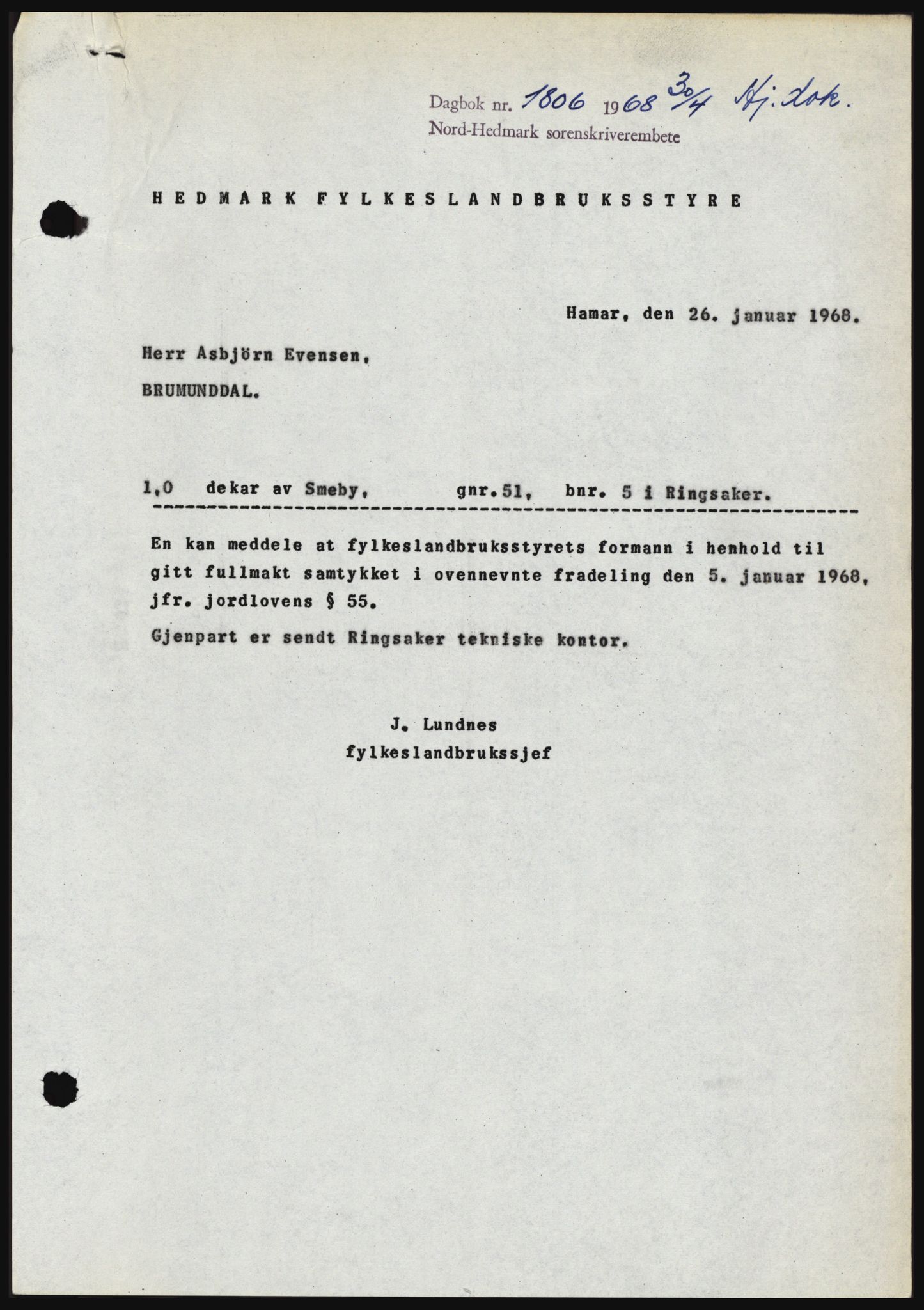 Nord-Hedmark sorenskriveri, SAH/TING-012/H/Hc/L0027: Mortgage book no. 27, 1967-1968, Diary no: : 1806/1968