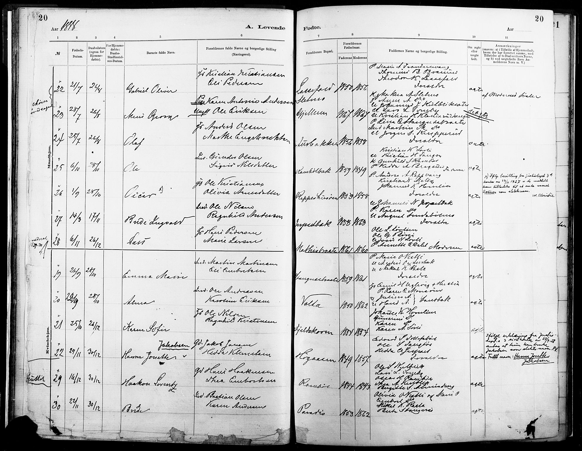 Eidskog prestekontor, AV/SAH-PREST-026/H/Ha/Haa/L0004: Parish register (official) no. 4, 1884-1897, p. 20