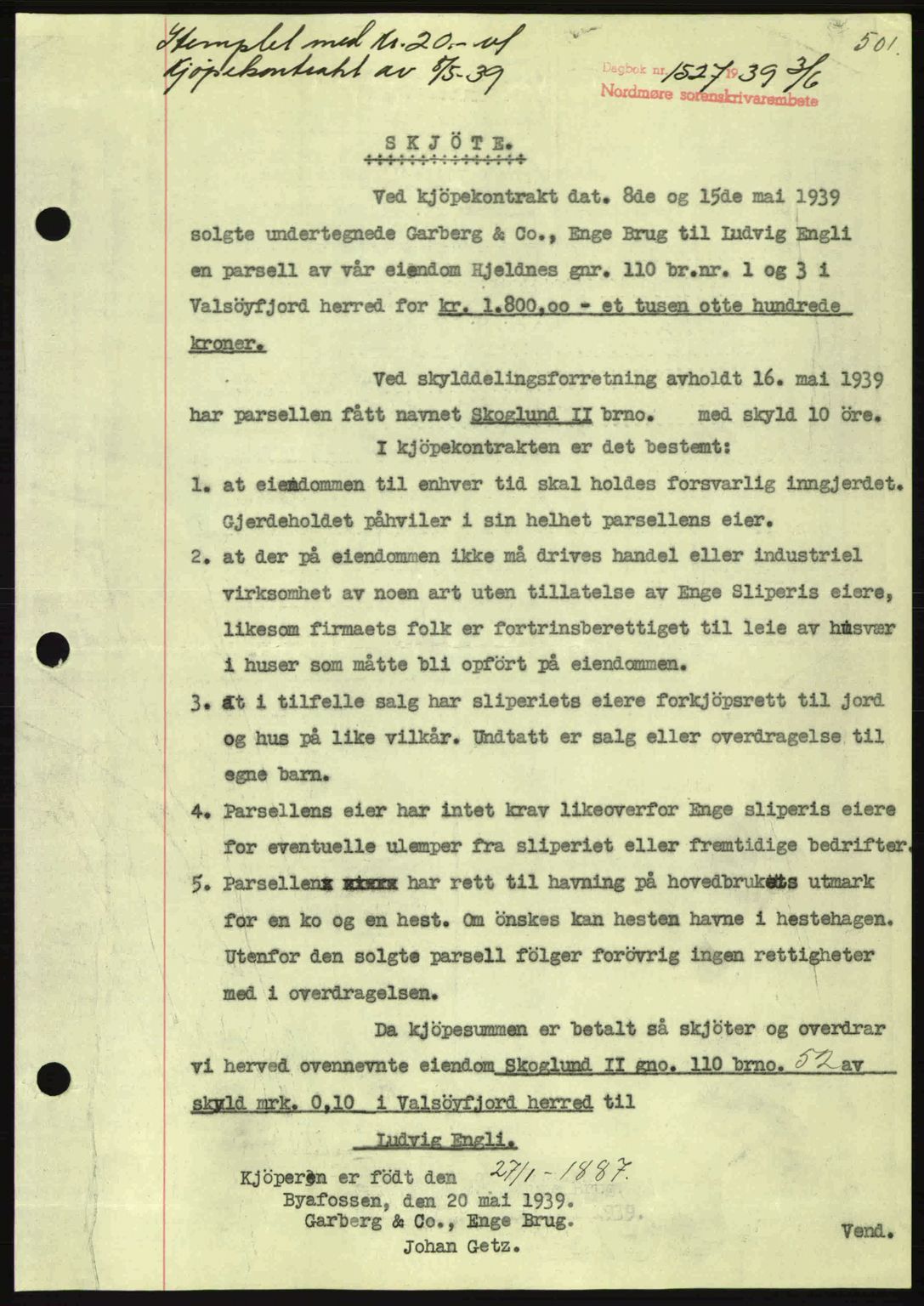 Nordmøre sorenskriveri, AV/SAT-A-4132/1/2/2Ca: Mortgage book no. A86, 1939-1939, Diary no: : 1527/1939