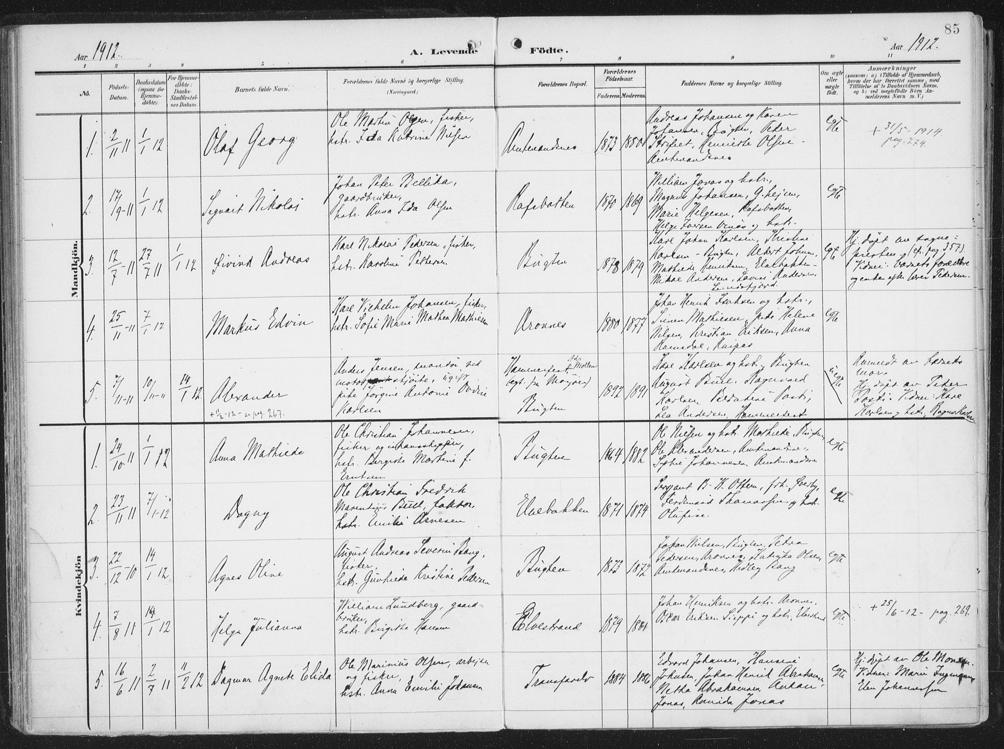 Alta sokneprestkontor, AV/SATØ-S-1338/H/Ha/L0005.kirke: Parish register (official) no. 5, 1904-1918, p. 85
