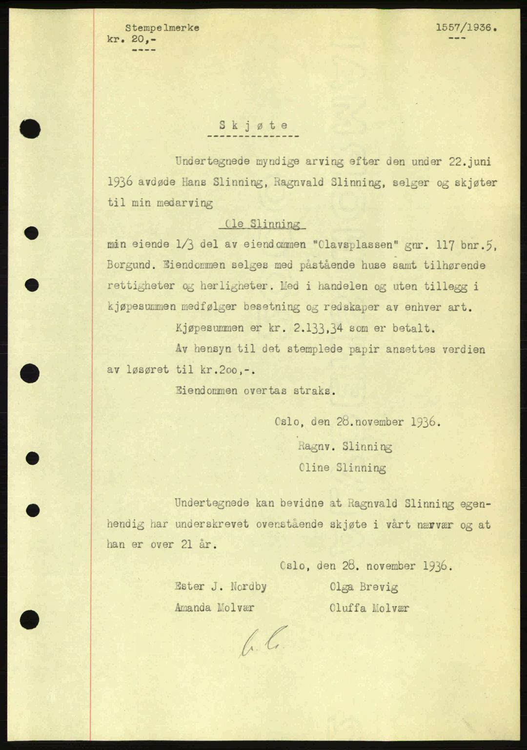 Nordre Sunnmøre sorenskriveri, AV/SAT-A-0006/1/2/2C/2Ca: Mortgage book no. A2, 1936-1937, Diary no: : 1557/1936