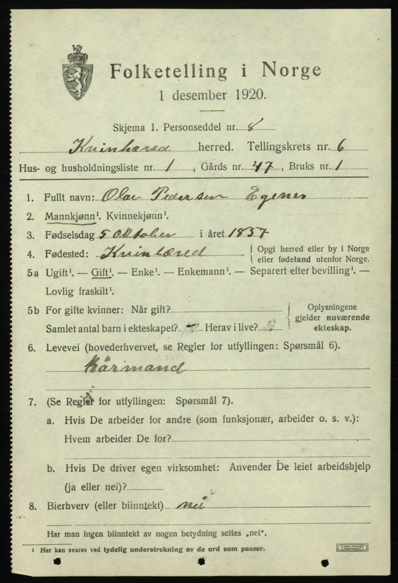 SAB, 1920 census for Kvinnherad, 1920, p. 6232