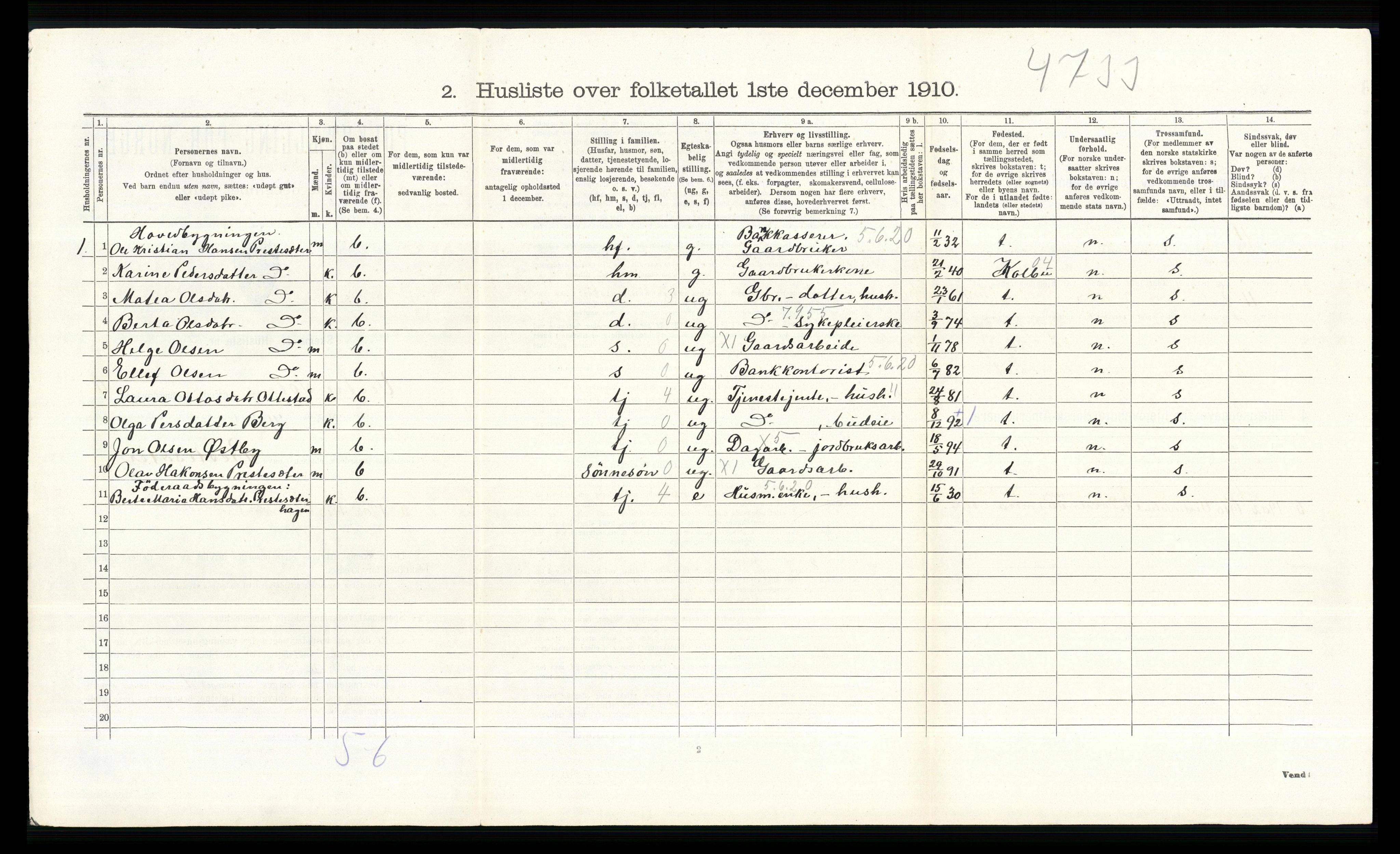 RA, 1910 census for Vestre Toten, 1910, p. 530