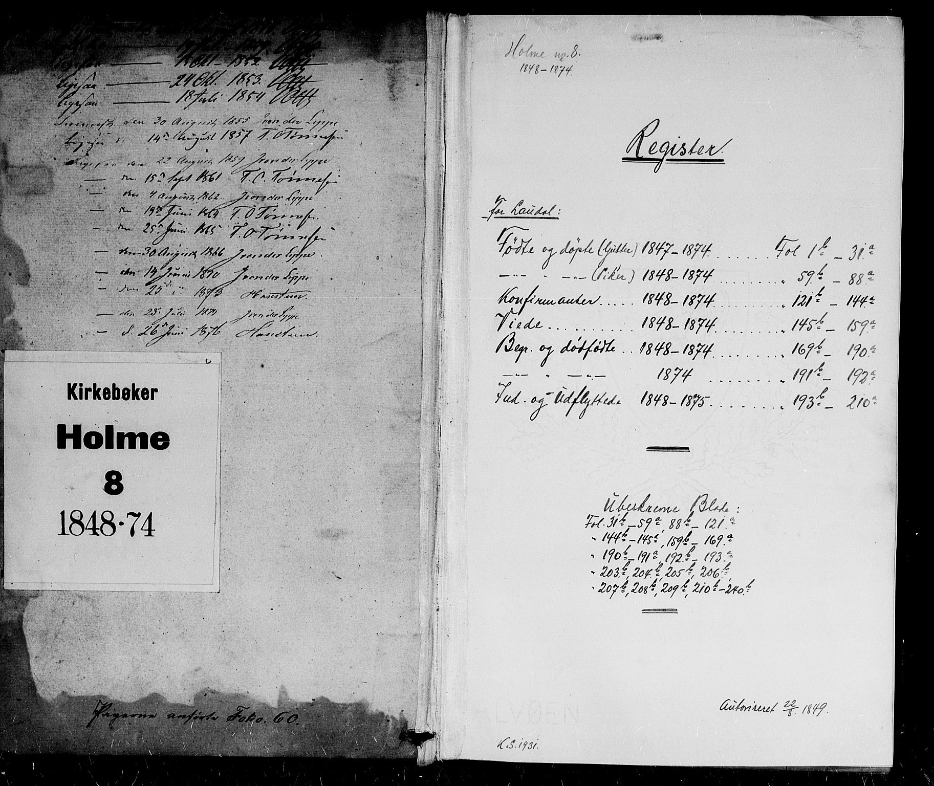 Holum sokneprestkontor, SAK/1111-0022/F/Fb/Fbb/L0002: Parish register (copy) no. B 2, 1847-1874