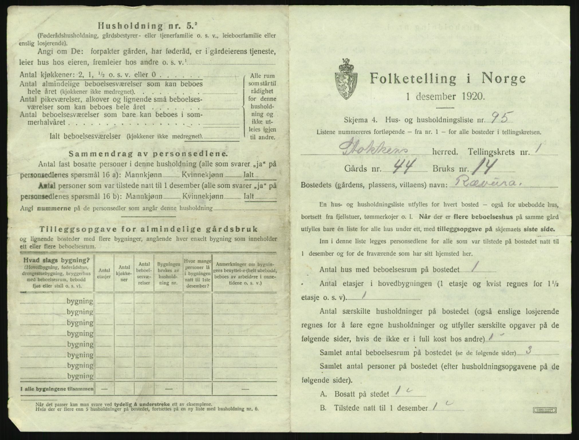 SAK, 1920 census for Stokken, 1920, p. 216