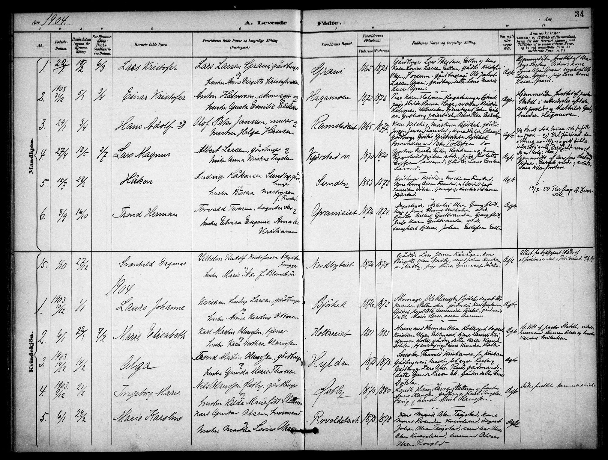 Nannestad prestekontor Kirkebøker, SAO/A-10414a/F/Fb/L0002: Parish register (official) no. II 2, 1891-1909, p. 34