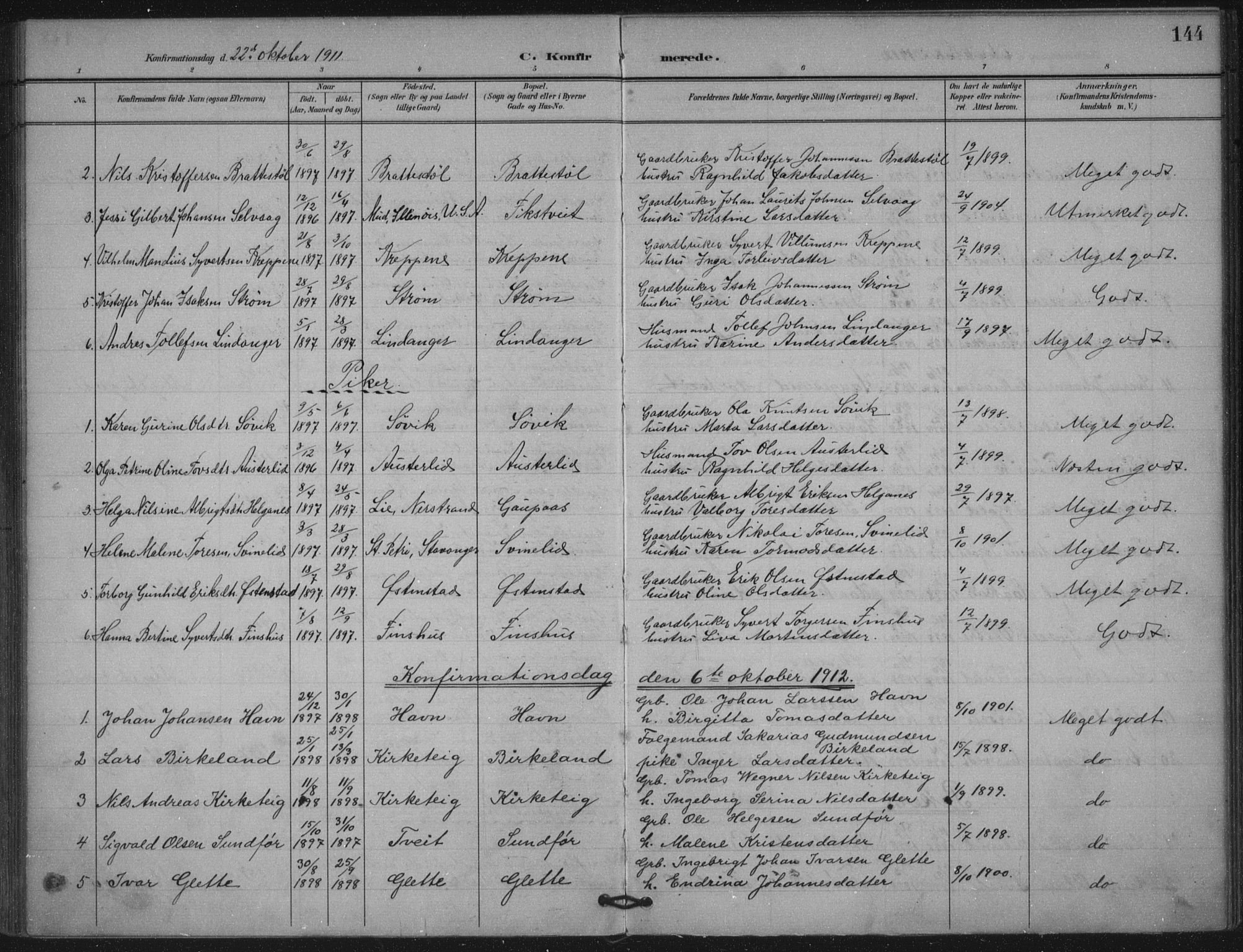 Skjold sokneprestkontor, SAST/A-101847/H/Ha/Haa/L0011: Parish register (official) no. A 11, 1897-1914, p. 144