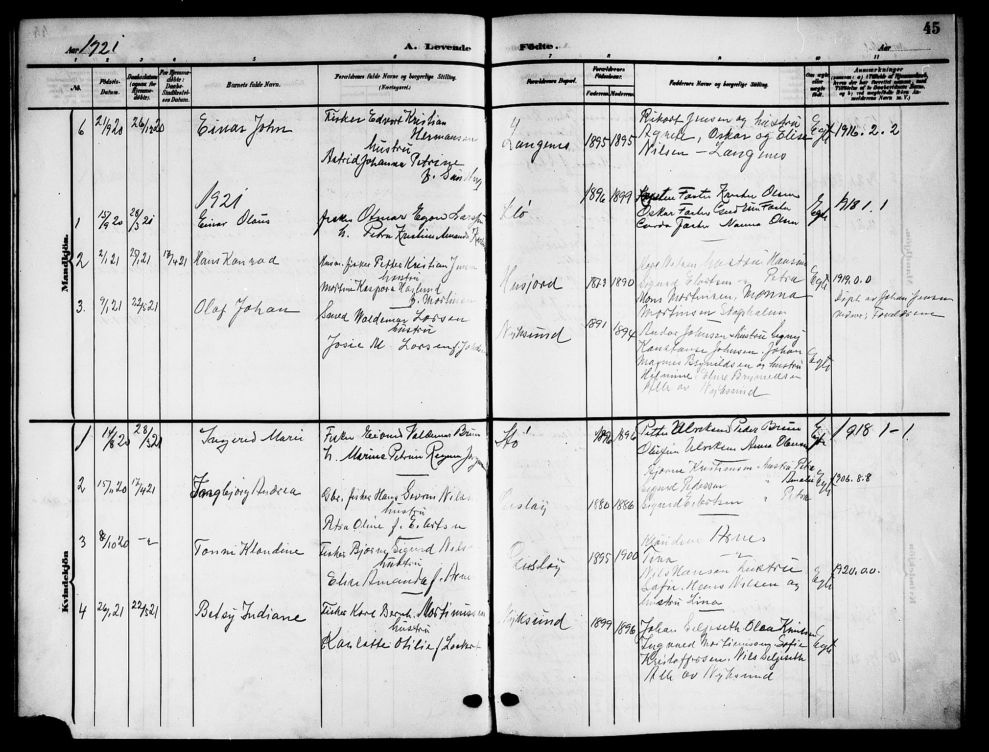 Ministerialprotokoller, klokkerbøker og fødselsregistre - Nordland, SAT/A-1459/894/L1361: Parish register (copy) no. 894C04, 1905-1922, p. 45