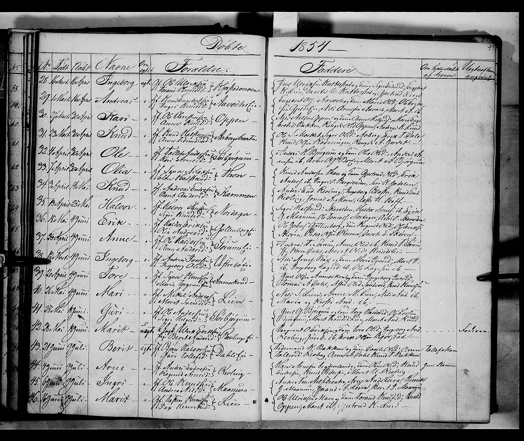 Nord-Aurdal prestekontor, SAH/PREST-132/H/Ha/Haa/L0004: Parish register (official) no. 4, 1842-1863, p. 43