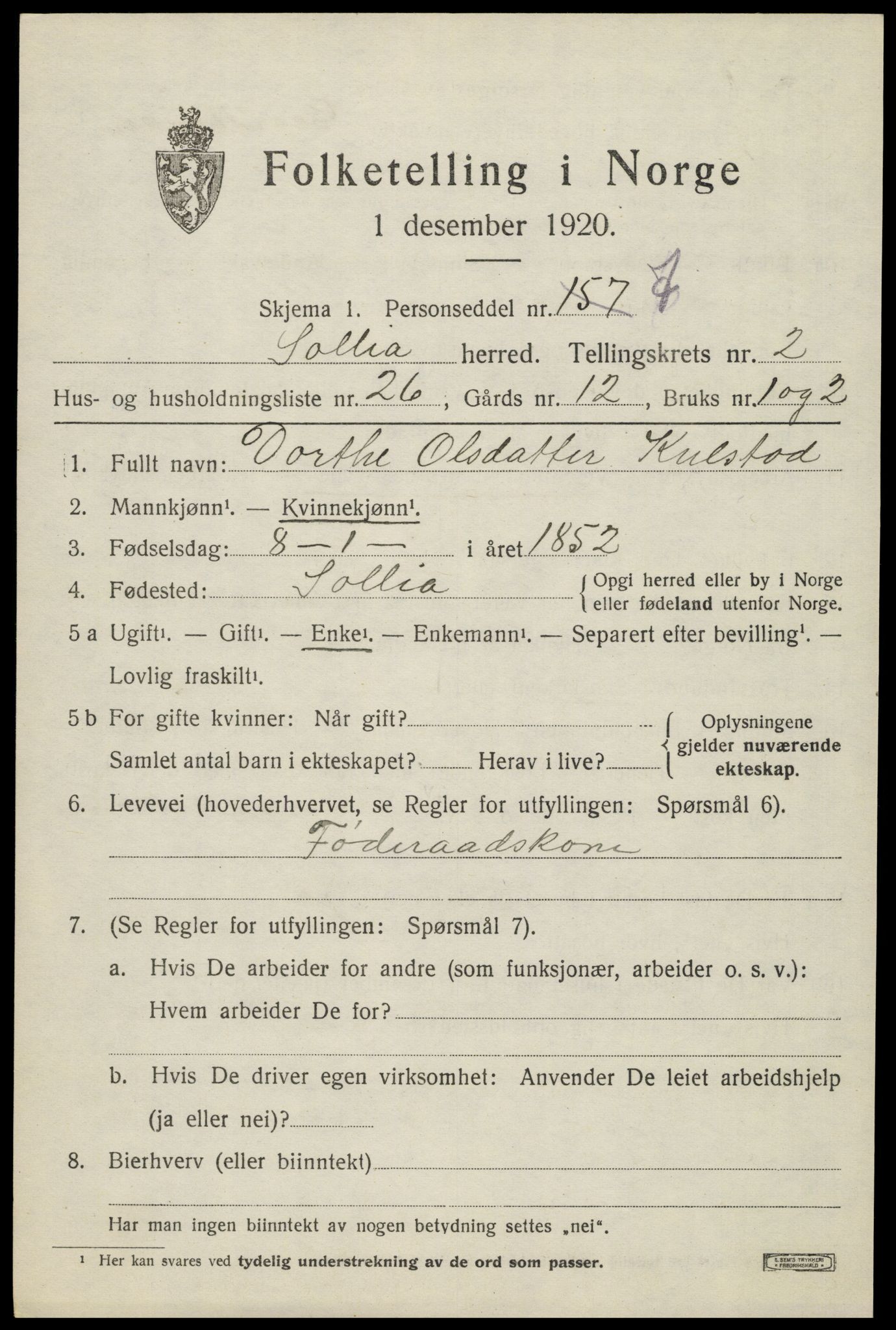 SAH, 1920 census for Sollia, 1920, p. 615