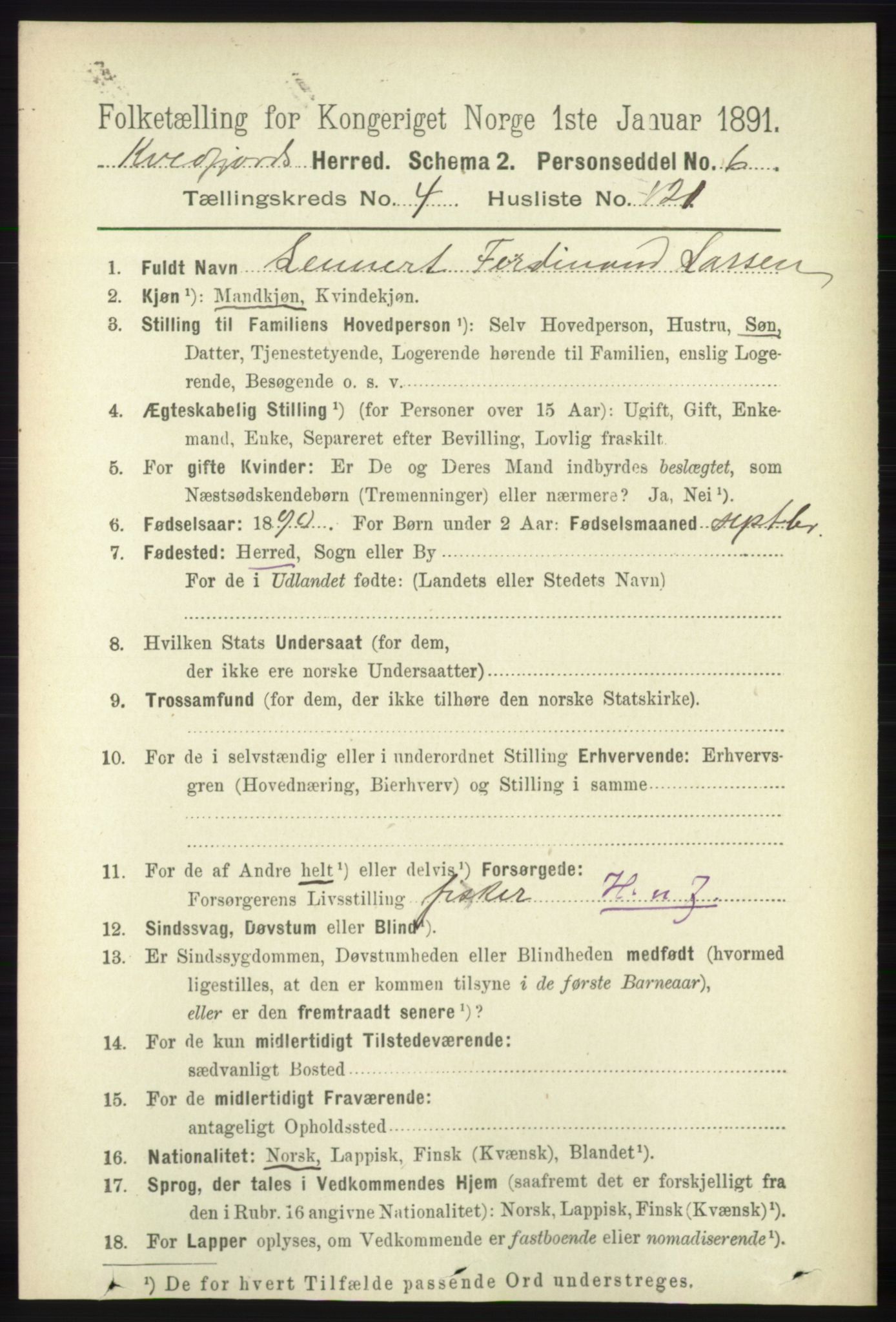 RA, 1891 census for 1911 Kvæfjord, 1891, p. 2666