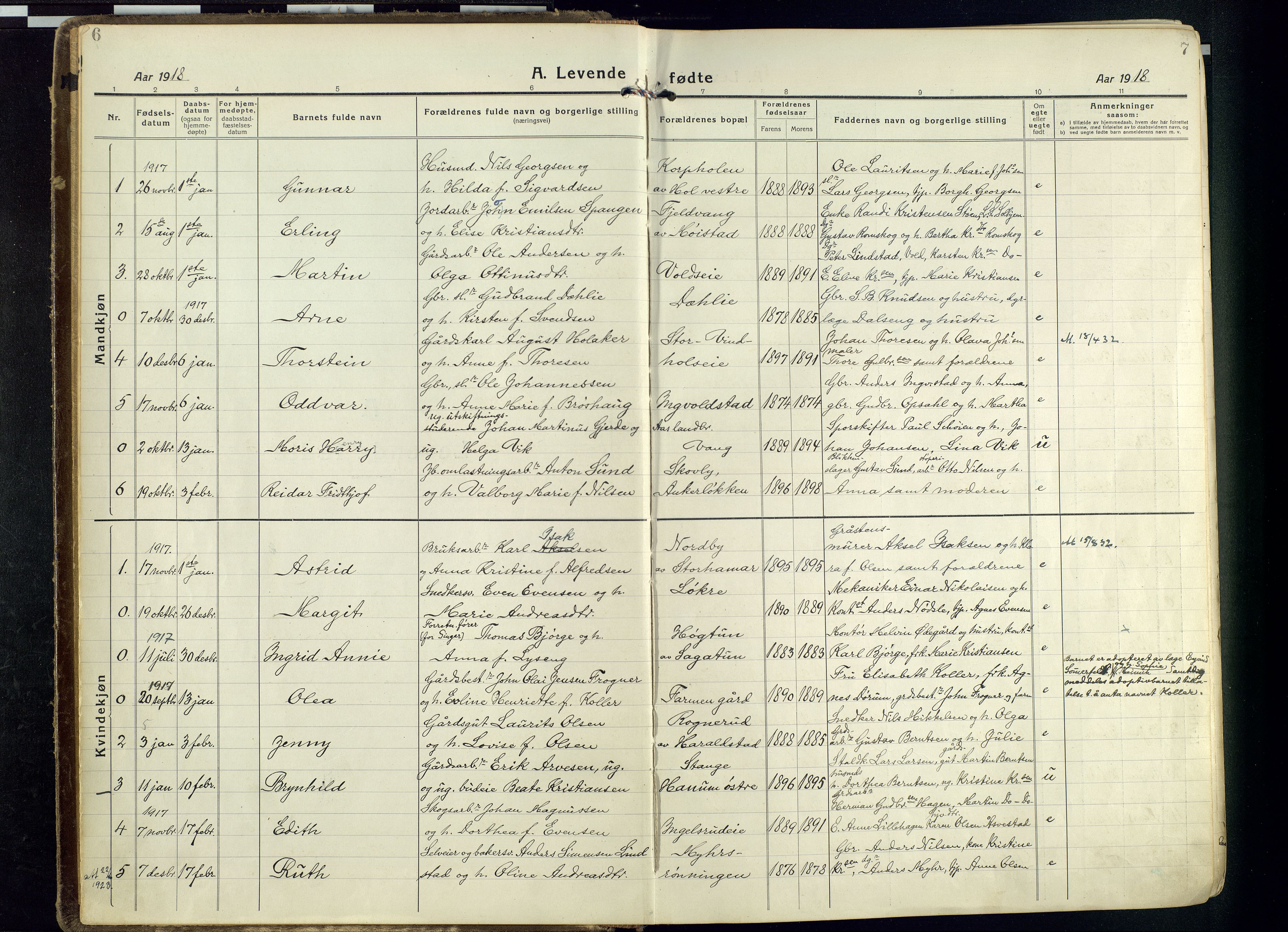 Vang prestekontor, Hedmark, SAH/PREST-008/H/Ha/Haa/L0022: Parish register (official) no. 22, 1918-1944, p. 6-7