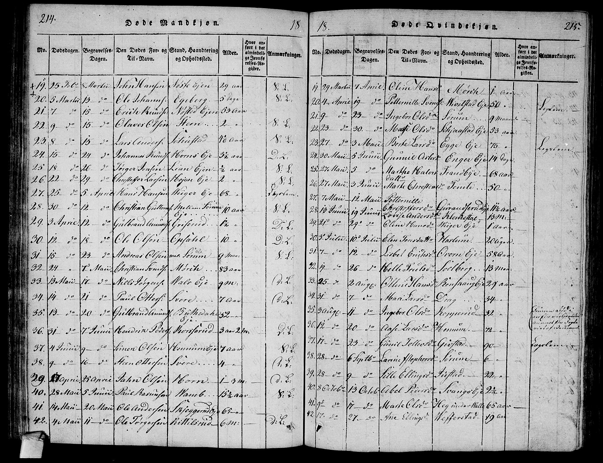 Lier kirkebøker, AV/SAKO-A-230/F/Fa/L0008: Parish register (official) no. I 8, 1813-1825, p. 214-215