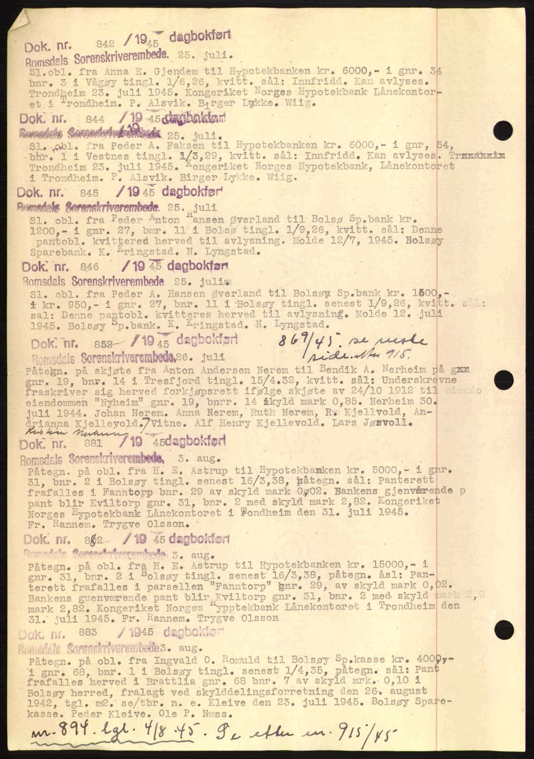 Romsdal sorenskriveri, AV/SAT-A-4149/1/2/2C: Mortgage book no. C1a, 1936-1945, Diary no: : 842/1945