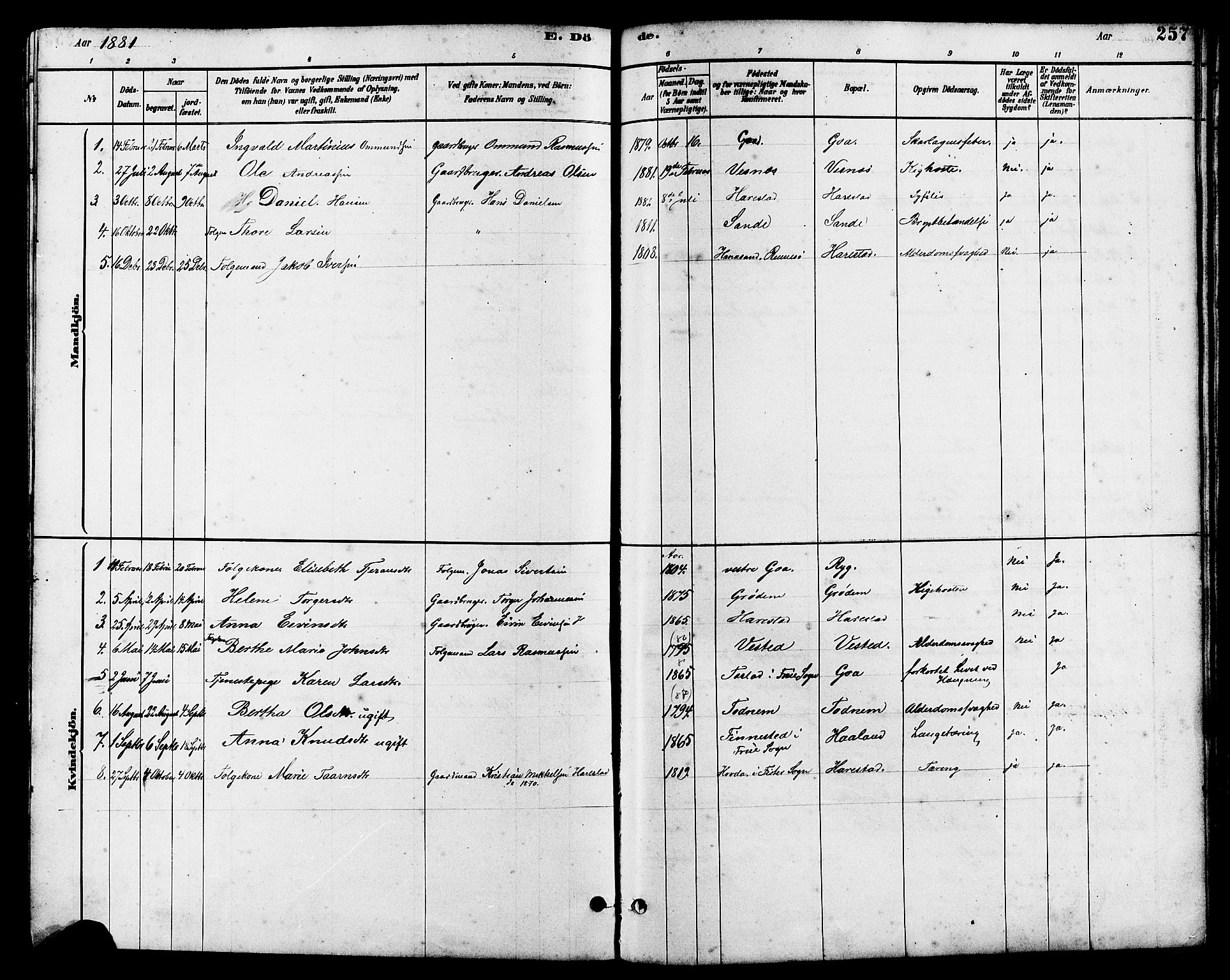 Hetland sokneprestkontor, AV/SAST-A-101826/30/30BB/L0006: Parish register (copy) no. B 6, 1878-1921, p. 257