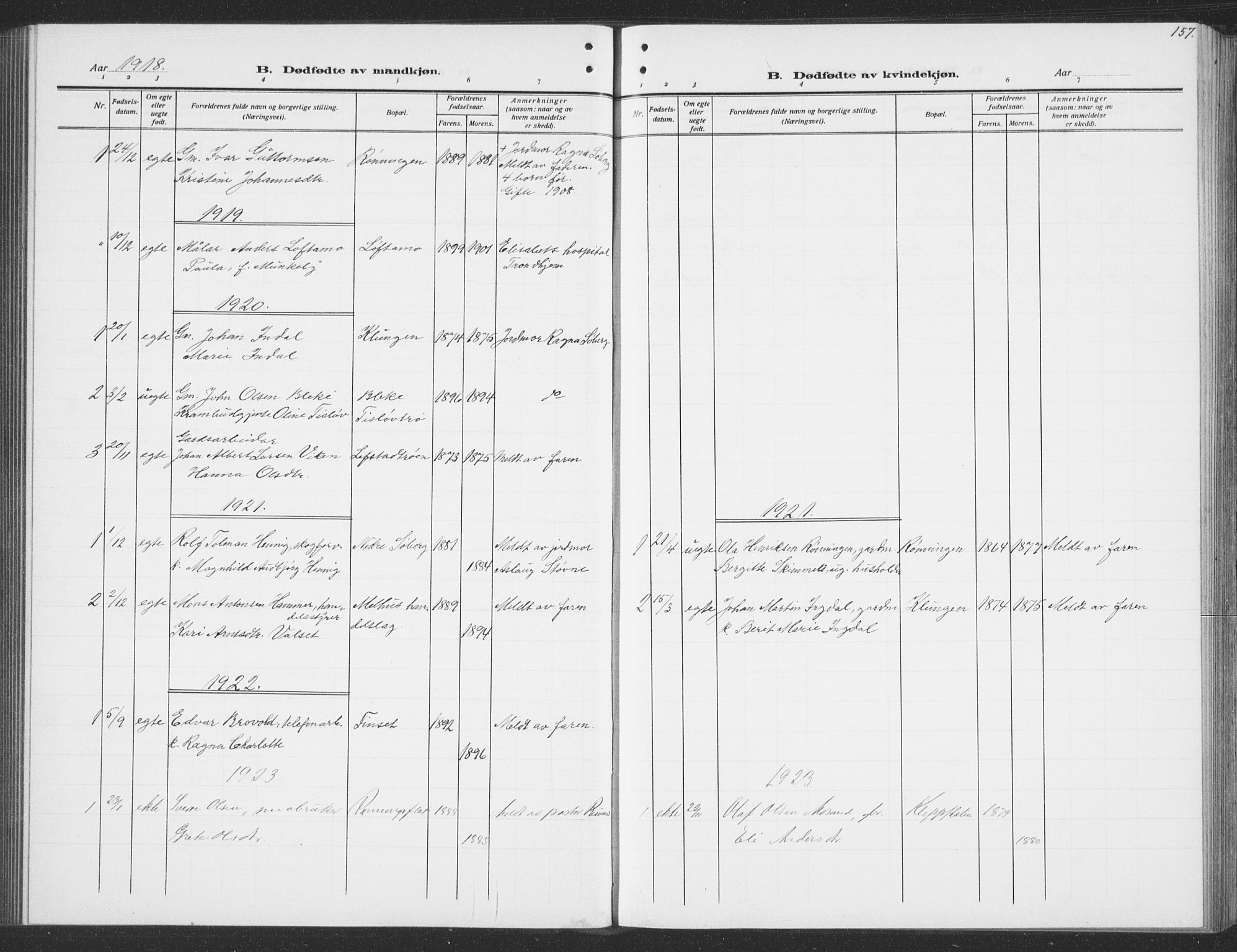 Ministerialprotokoller, klokkerbøker og fødselsregistre - Sør-Trøndelag, SAT/A-1456/691/L1095: Parish register (copy) no. 691C06, 1912-1933, p. 157