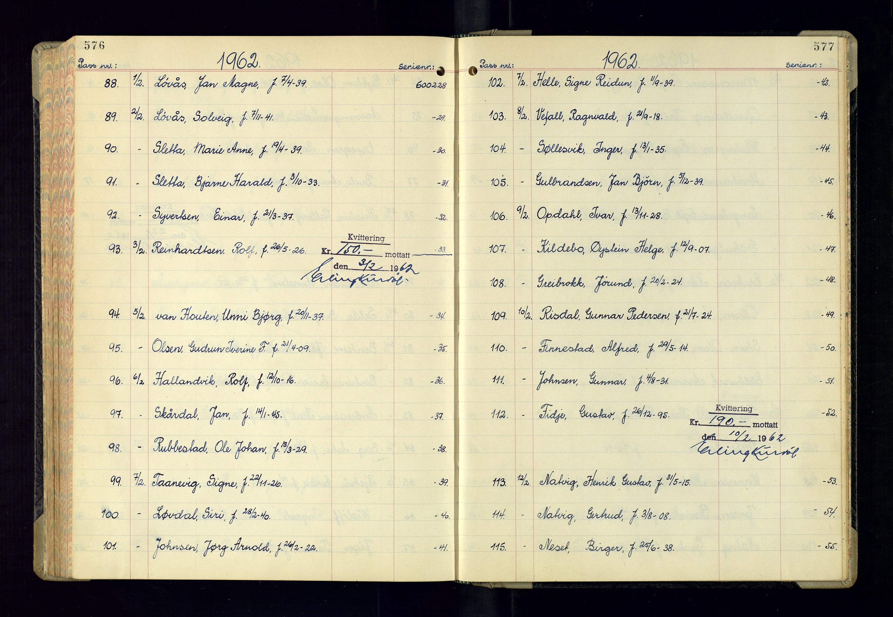 Kristiansand politikammer - 2, AV/SAK-1243-0009/K/Ka/Kaa/L0614: Passprotokoll, liste med løpenumre, 1958-1962, p. 576-577