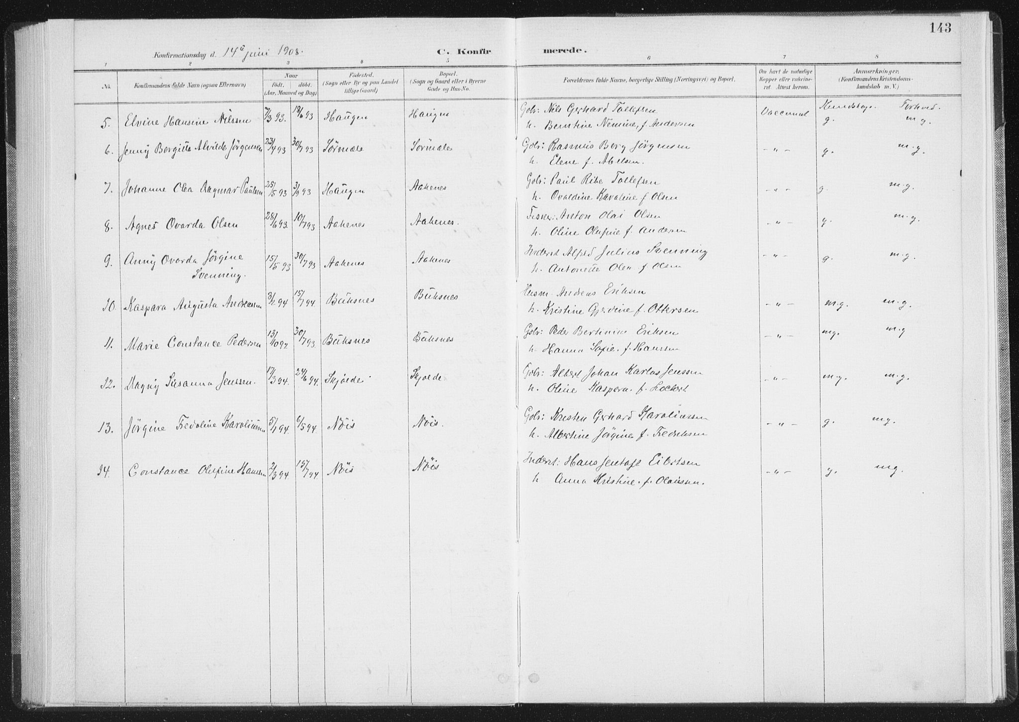 Ministerialprotokoller, klokkerbøker og fødselsregistre - Nordland, AV/SAT-A-1459/898/L1422: Parish register (official) no. 898A02, 1887-1908, p. 143