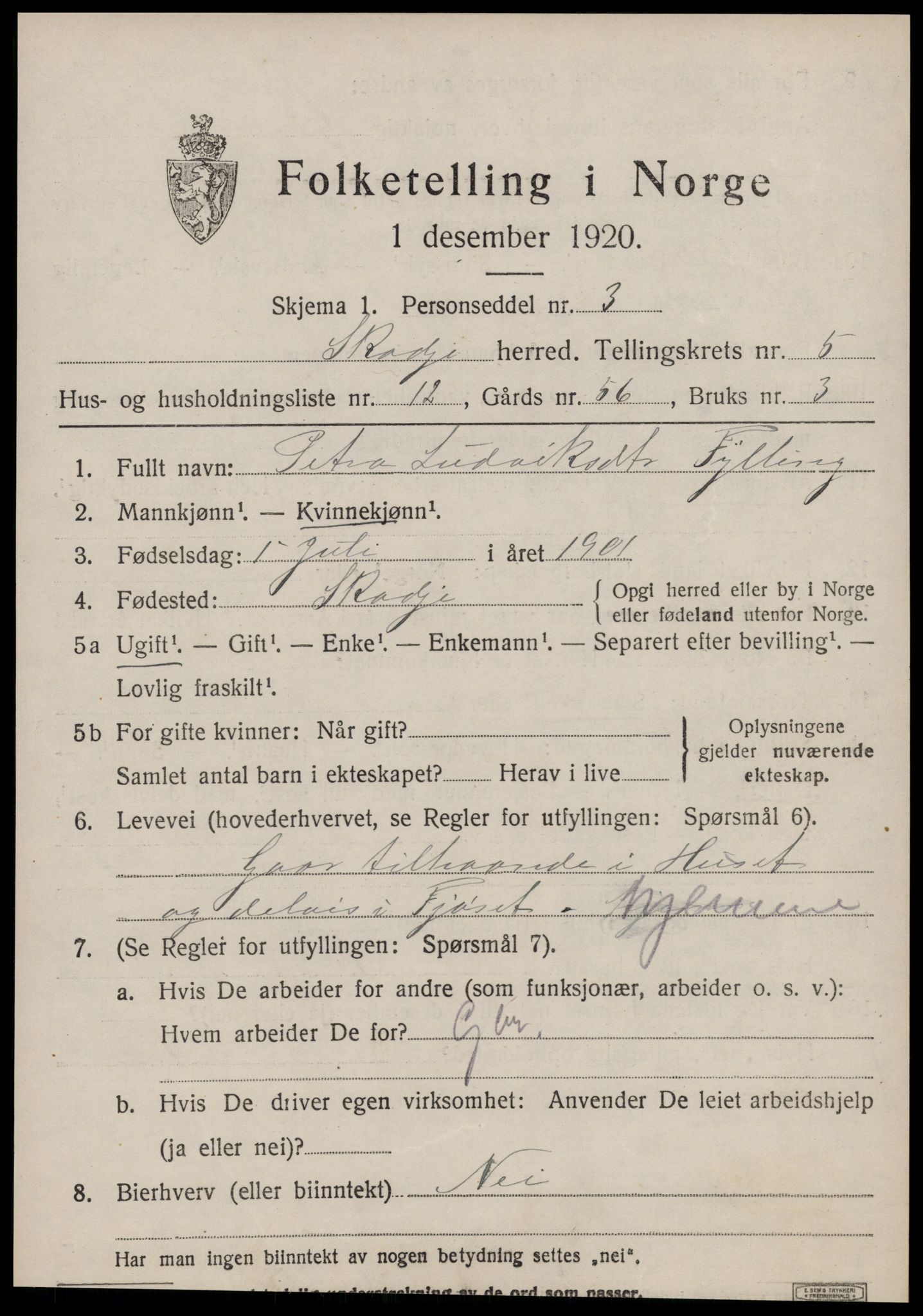 SAT, 1920 census for Skodje, 1920, p. 2399