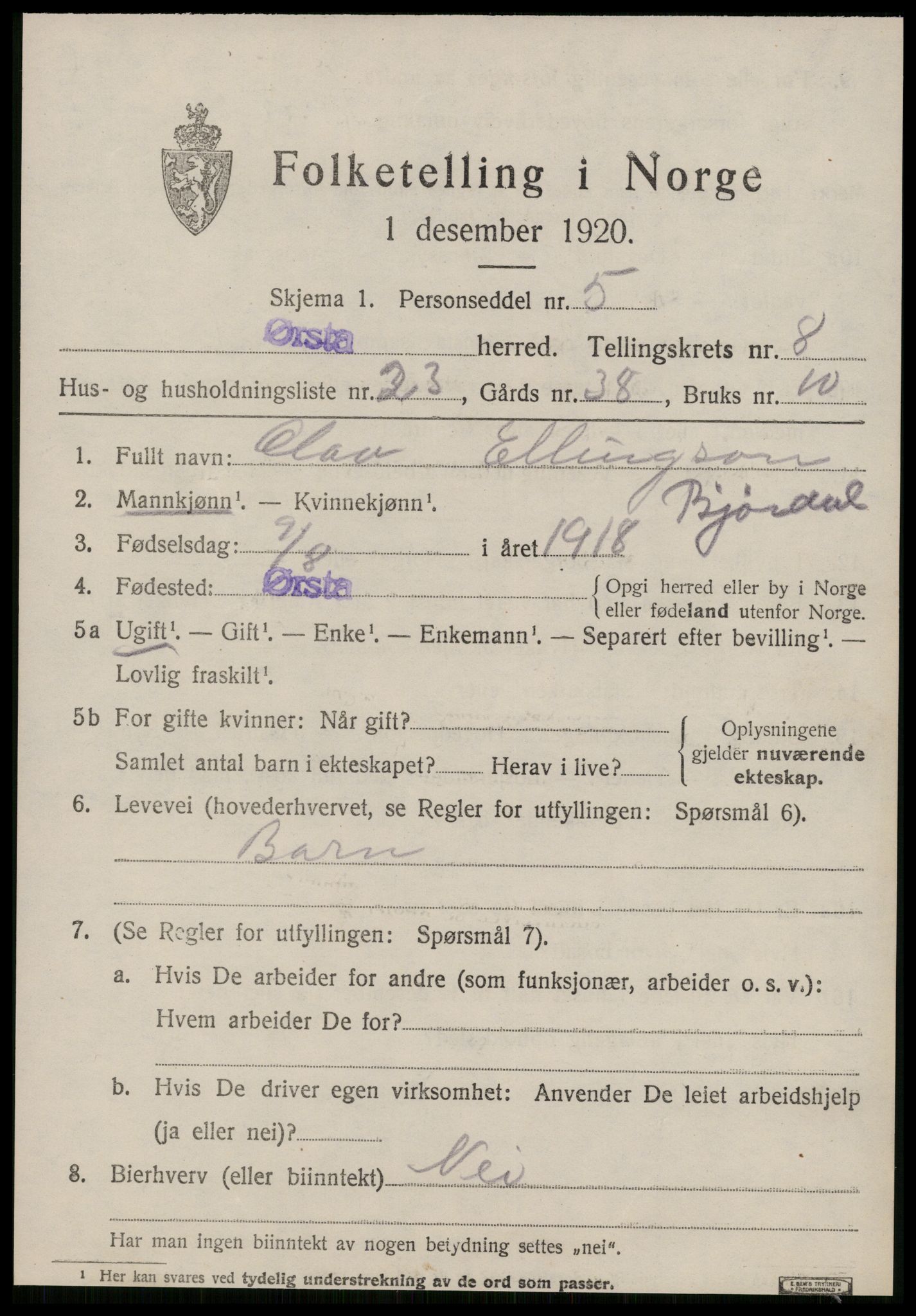 SAT, 1920 census for Ørsta, 1920, p. 6286