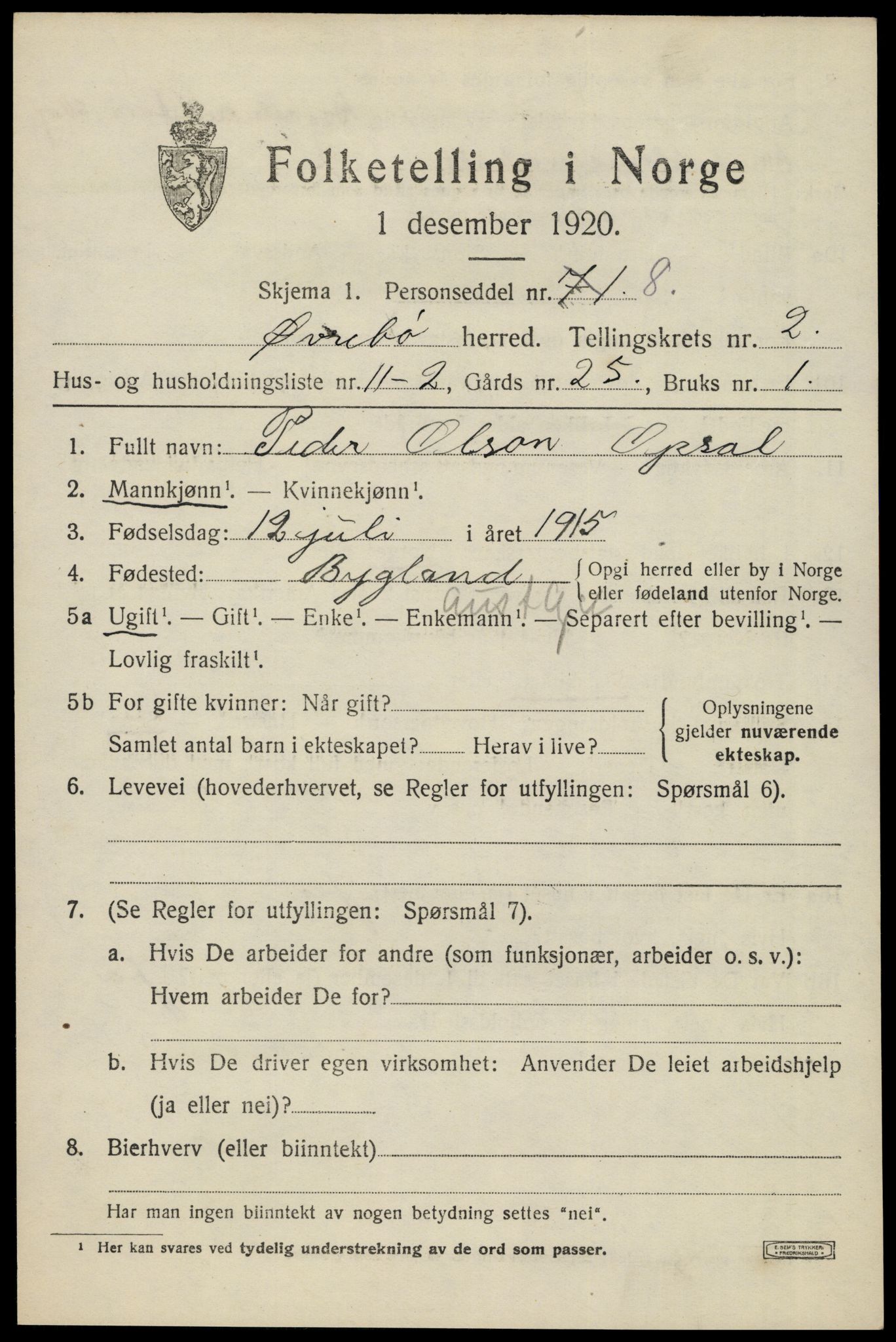 SAK, 1920 census for Øvrebø, 1920, p. 666