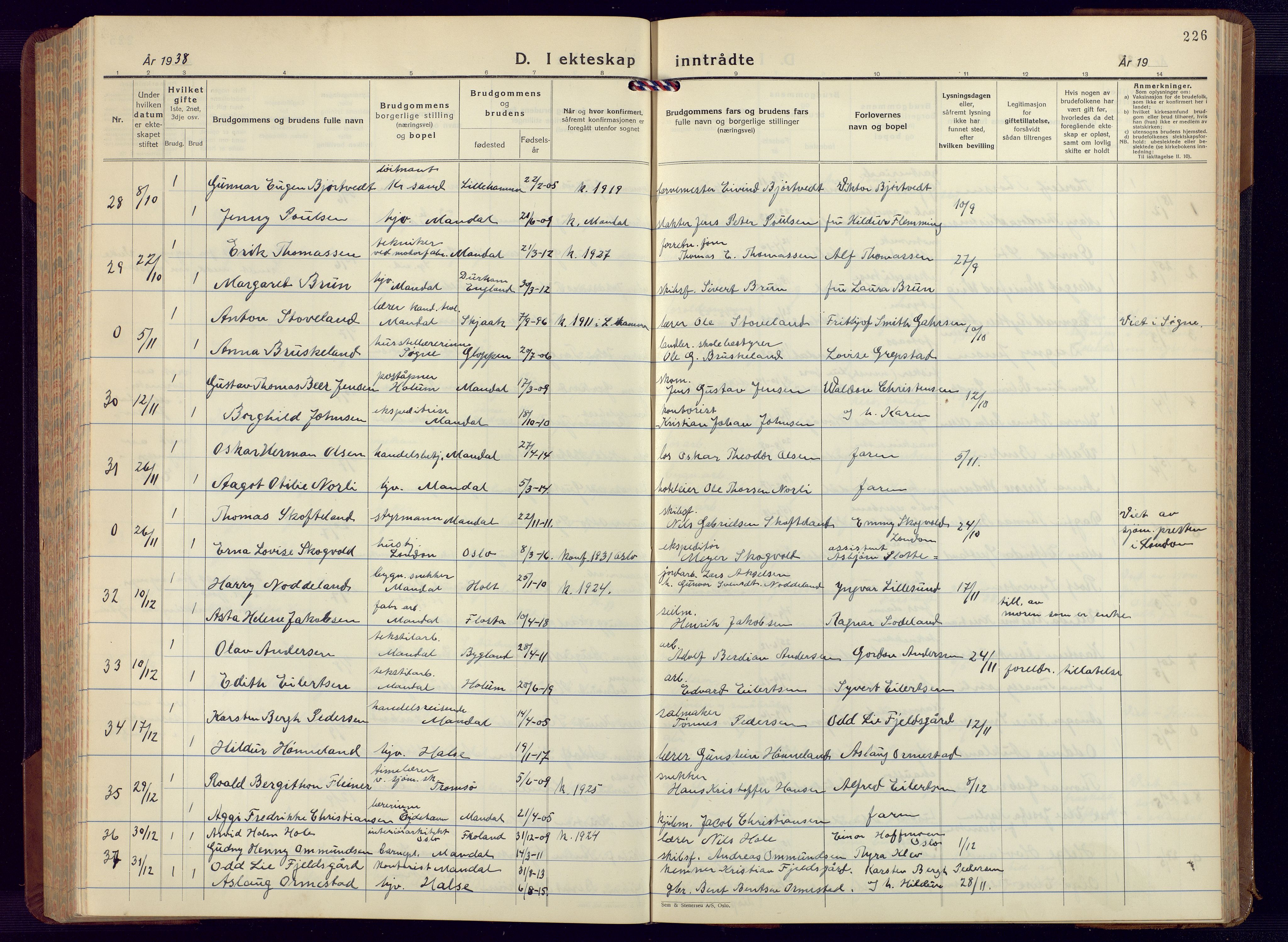 Mandal sokneprestkontor, AV/SAK-1111-0030/F/Fb/Fbc/L0002: Parish register (copy) no. B 2, 1931-1949, p. 226