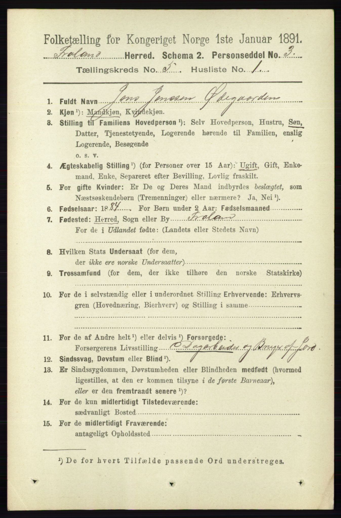 RA, 1891 census for 0919 Froland, 1891, p. 1782