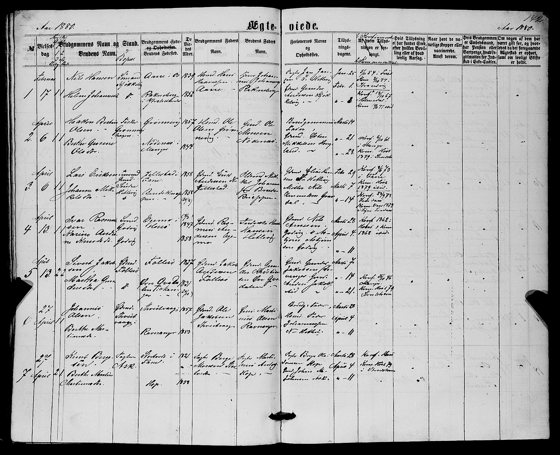 Askøy Sokneprestembete, AV/SAB-A-74101/H/Ha/Hab/Haba/L0006: Parish register (copy) no. A 6, 1861-1881, p. 142