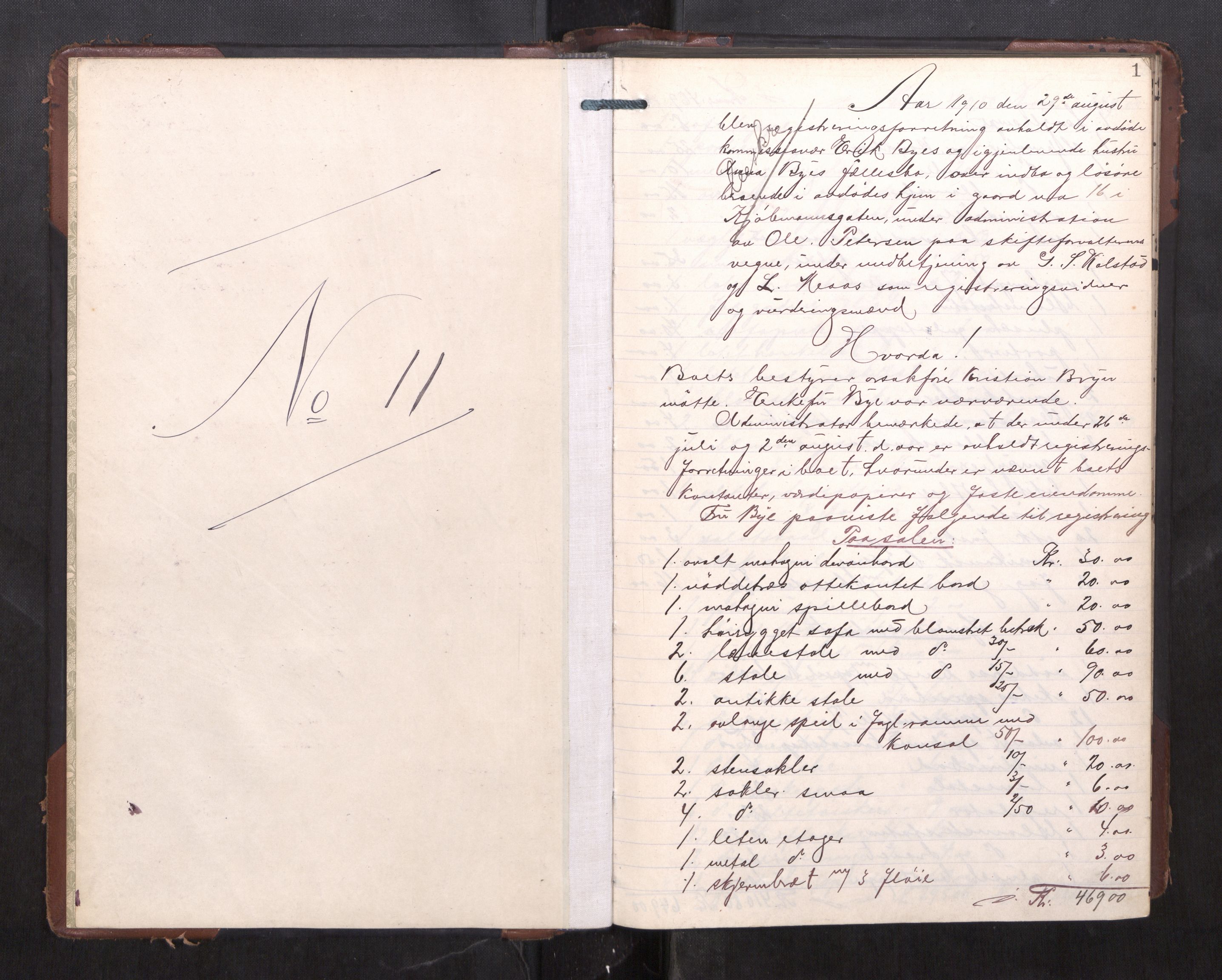 Trondheim byfogd, AV/SAT-A-0003/1/3/3C/L0030: Skifteregistreringsprotokoll - 29/8-26/9. (u/ register), 1910-1913, p. 1