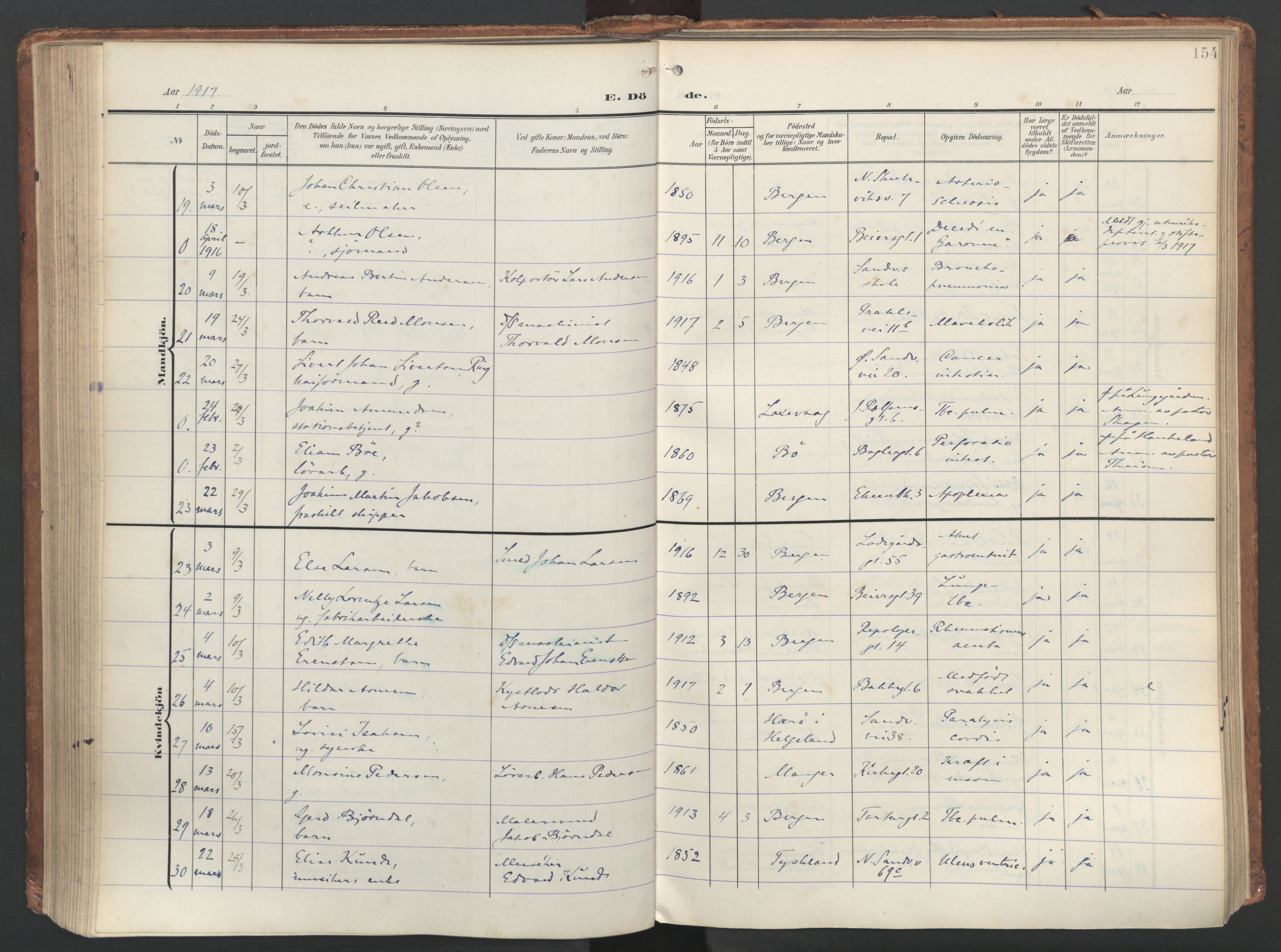Sandviken Sokneprestembete, SAB/A-77601/H/Ha/L0019: Parish register (official) no. E 2, 1905-1933, p. 154
