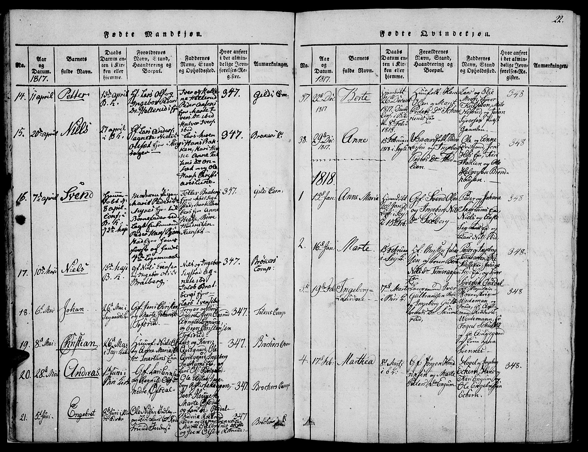 Biri prestekontor, SAH/PREST-096/H/Ha/Haa/L0003: Parish register (official) no. 3, 1814-1828, p. 22