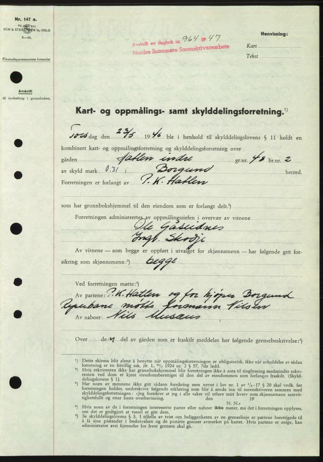 Nordre Sunnmøre sorenskriveri, AV/SAT-A-0006/1/2/2C/2Ca: Mortgage book no. A24, 1947-1947, Diary no: : 964/1947