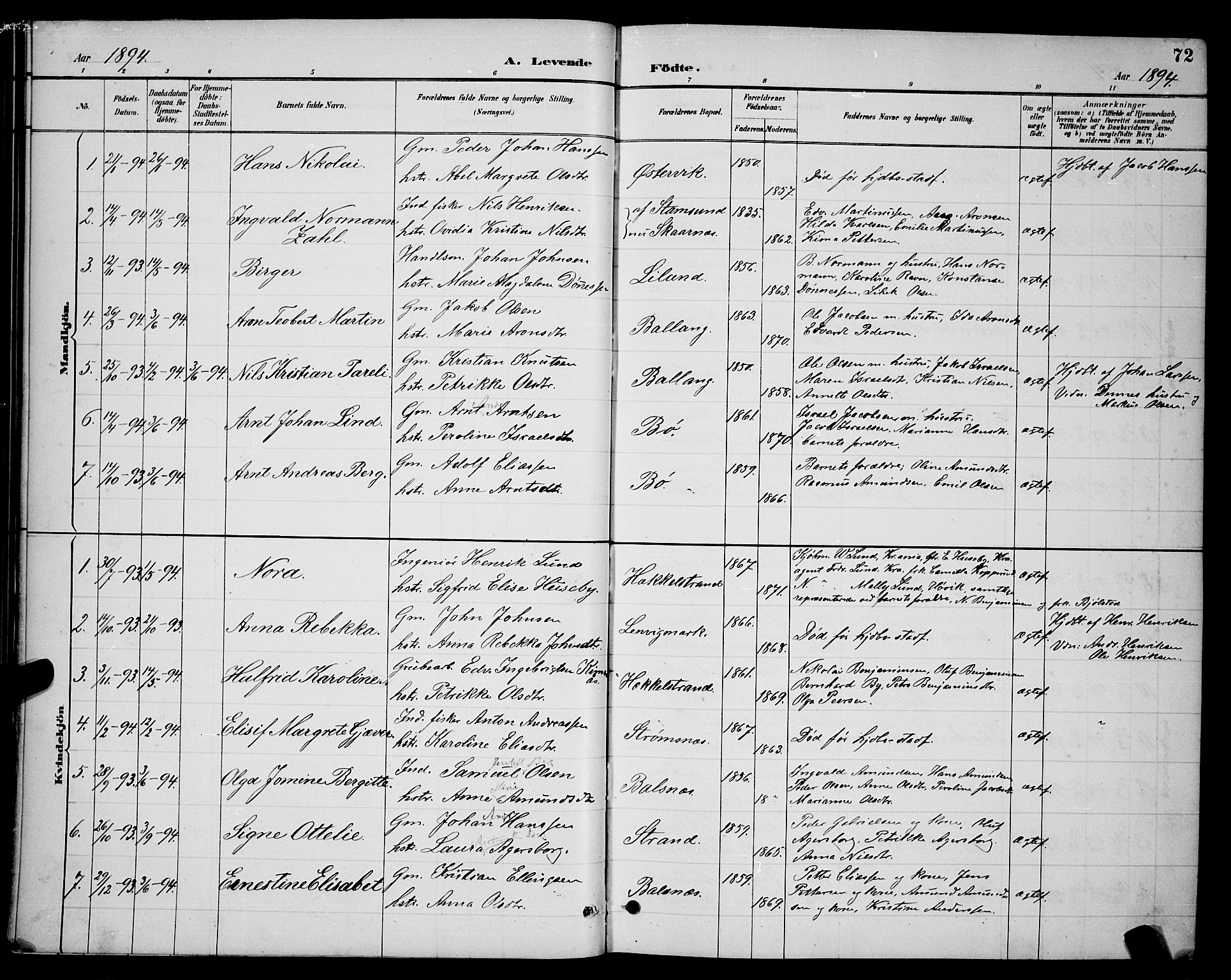 Ministerialprotokoller, klokkerbøker og fødselsregistre - Nordland, AV/SAT-A-1459/863/L0914: Parish register (copy) no. 863C04, 1886-1897, p. 72