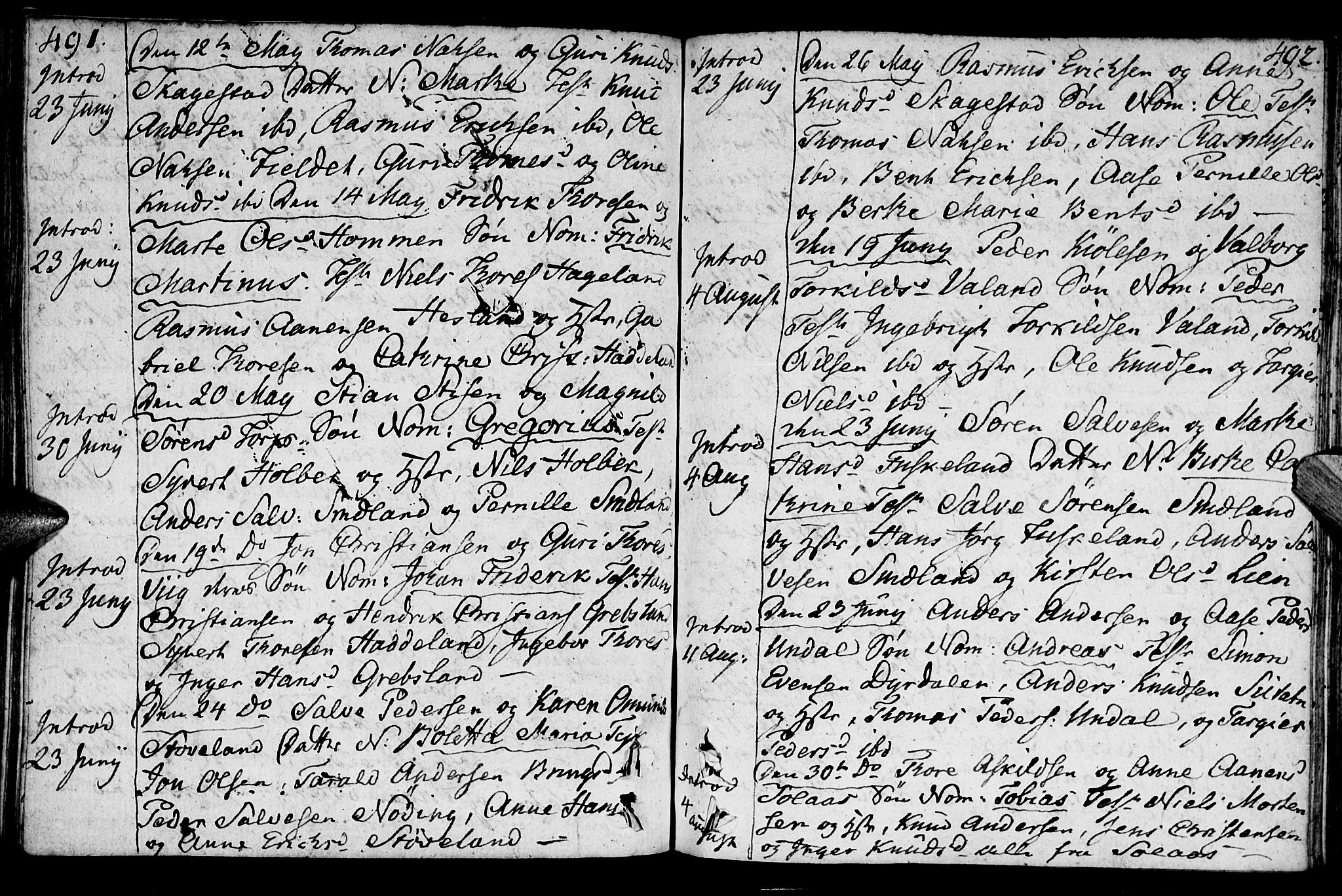 Holum sokneprestkontor, AV/SAK-1111-0022/F/Fa/Faa/L0003: Parish register (official) no. A 3, 1780-1821, p. 491-492