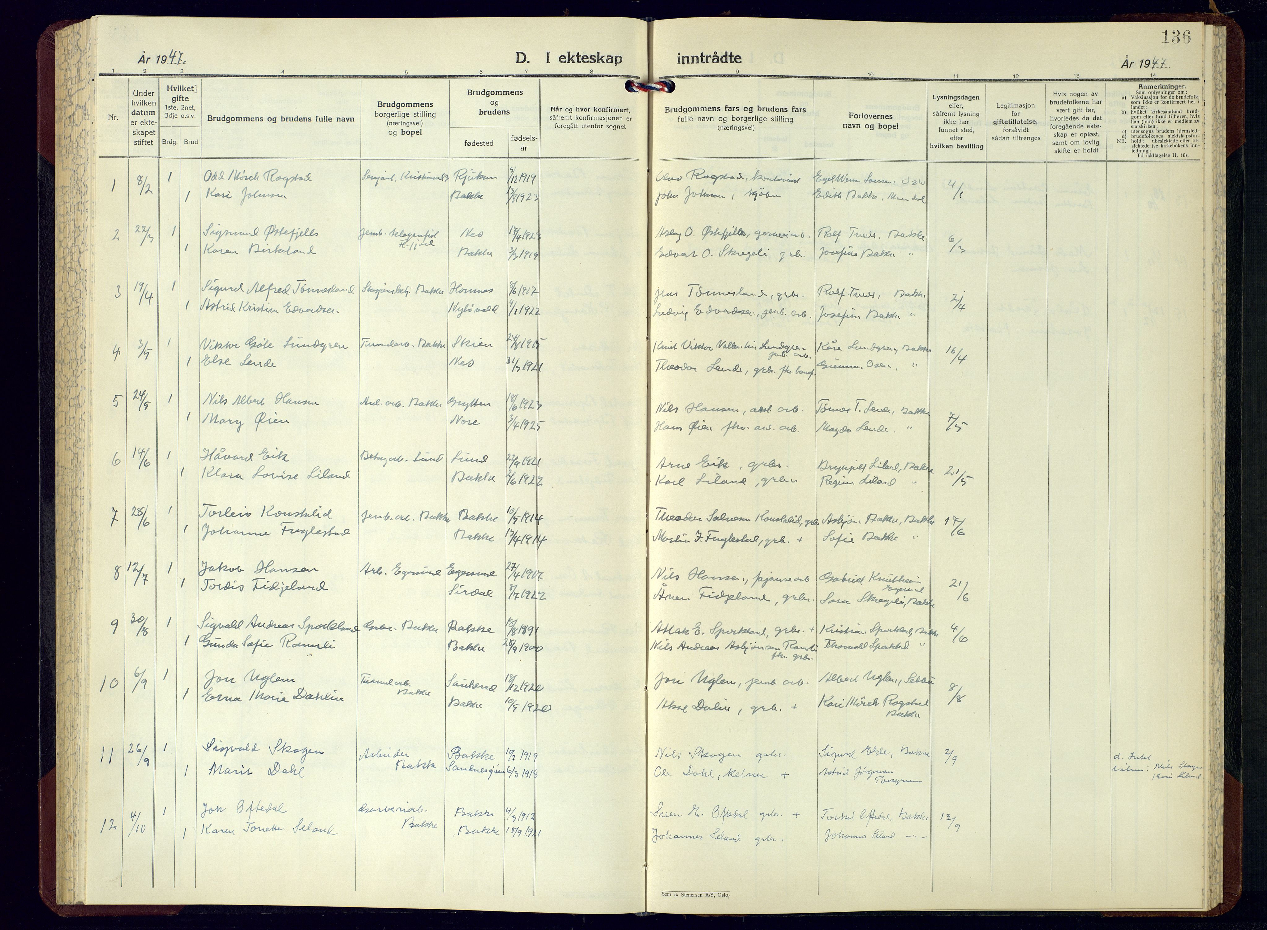 Bakke sokneprestkontor, SAK/1111-0002/F/Fb/Fba/L0005: Parish register (copy) no. B 5, 1947-1971, p. 136