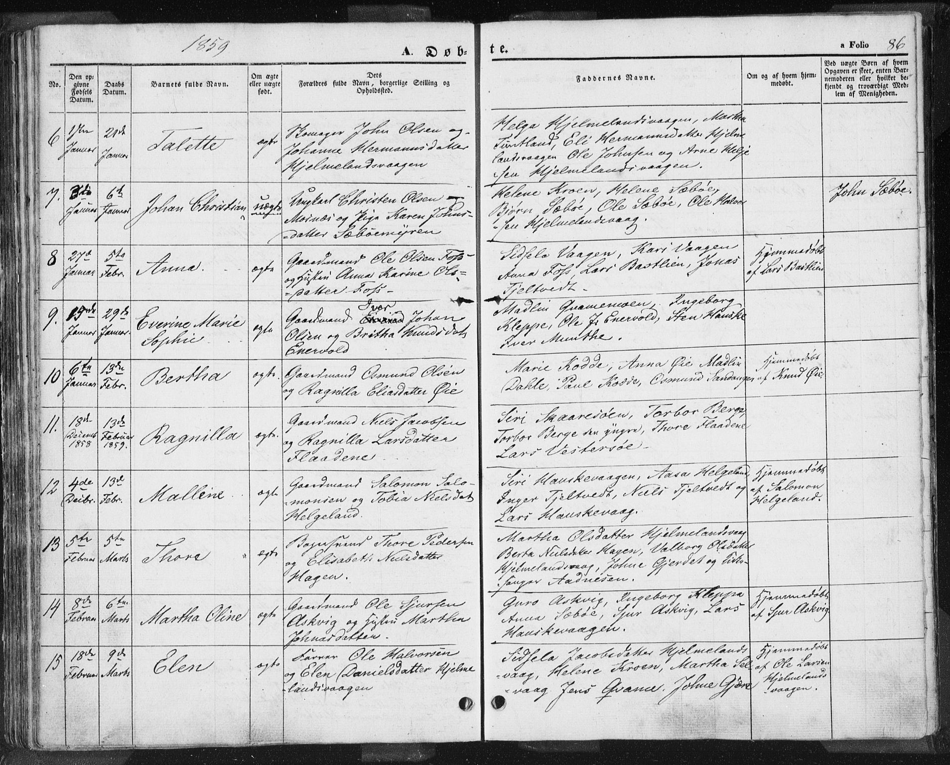Hjelmeland sokneprestkontor, SAST/A-101843/01/IV/L0009: Parish register (official) no. A 9, 1846-1860, p. 86