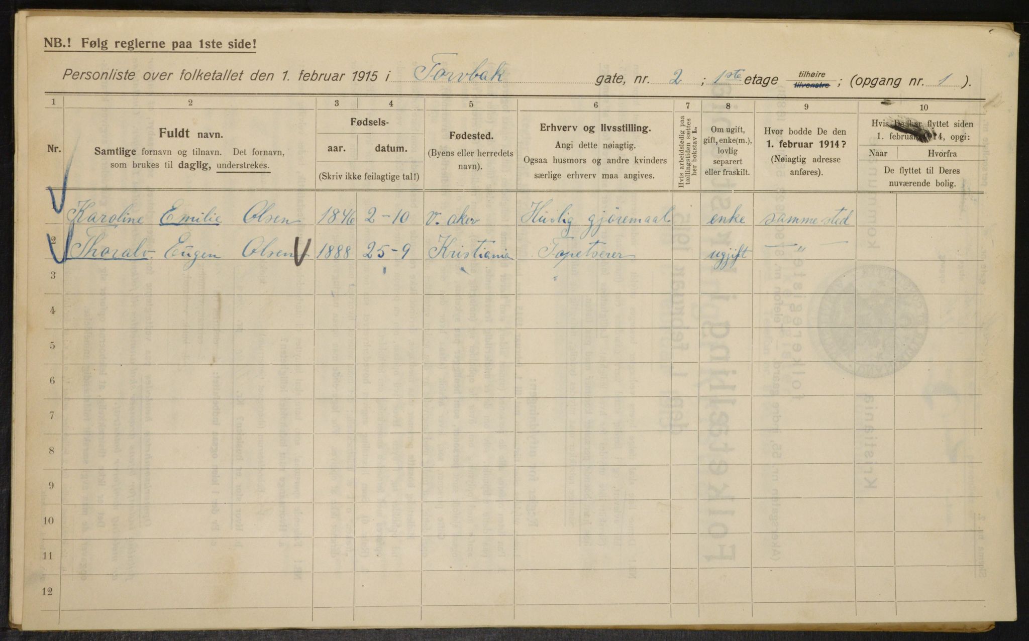 OBA, Municipal Census 1915 for Kristiania, 1915, p. 115327